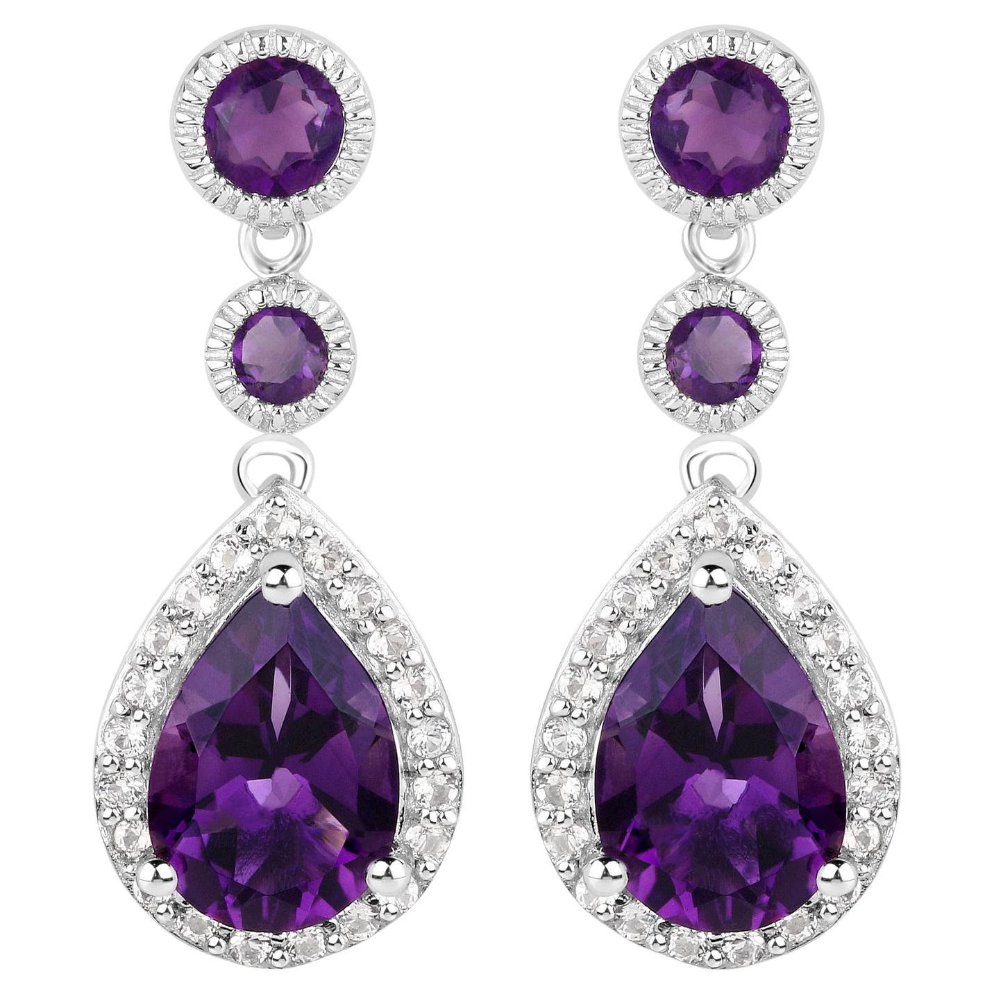 Pendientes colgantes de amatista Topacio blanco 6,98 quilates Plata chapada en oro blanco de 18 quilates