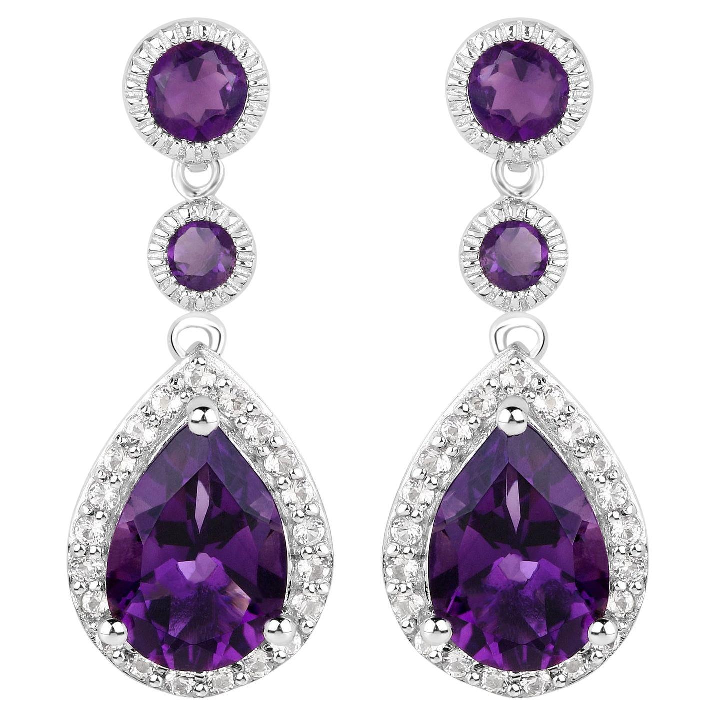 Amethyst Dangle Earrings White Topaz 6.98 Carats 18K White Gold Plated Silver For Sale