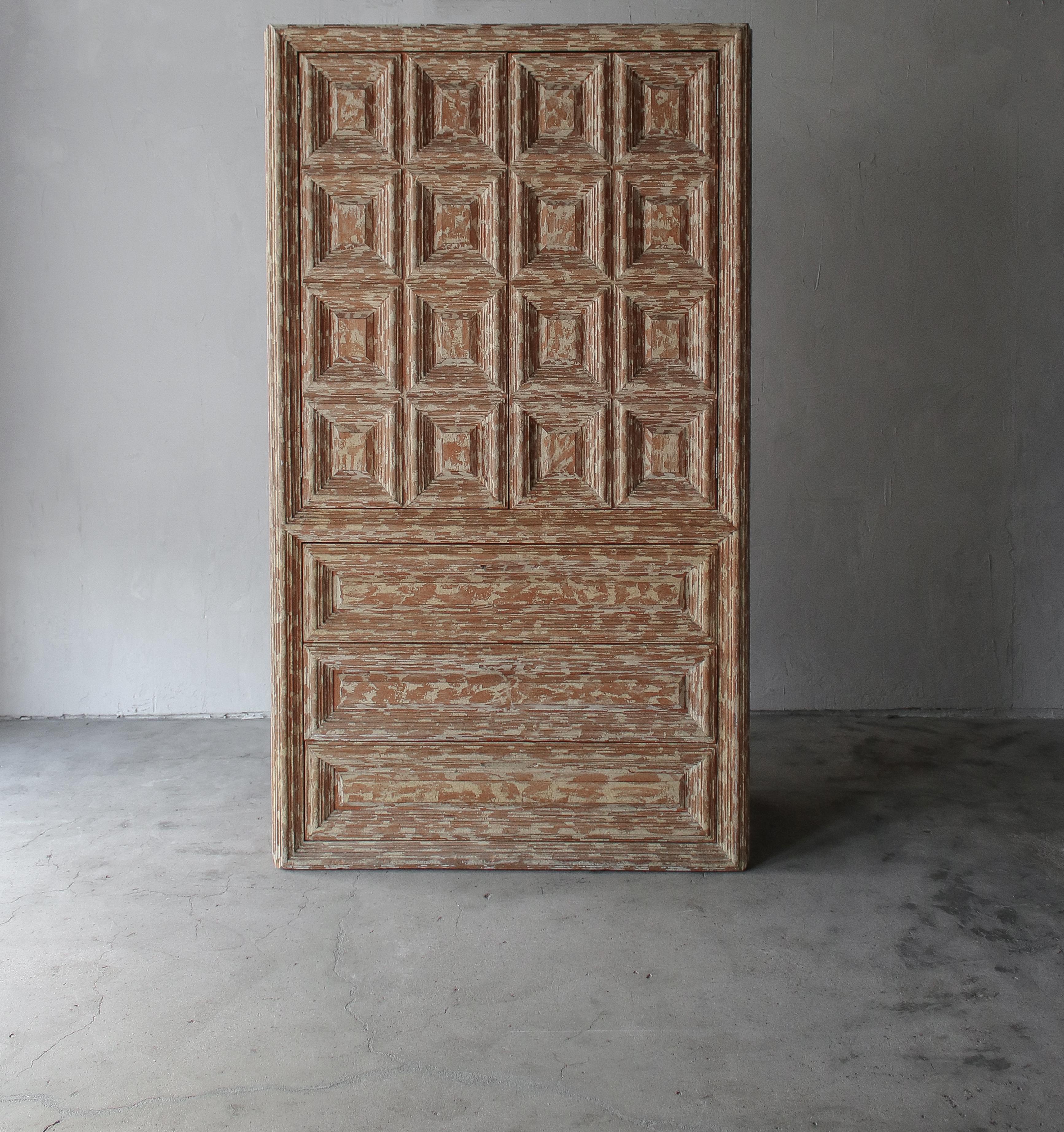 Minimalist Massive 7ft Vintage Carved Wood Cabinet For Sale