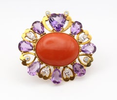 Massive 8Ct Amethyst Diamonds Yellow Gold Brooch, 1930