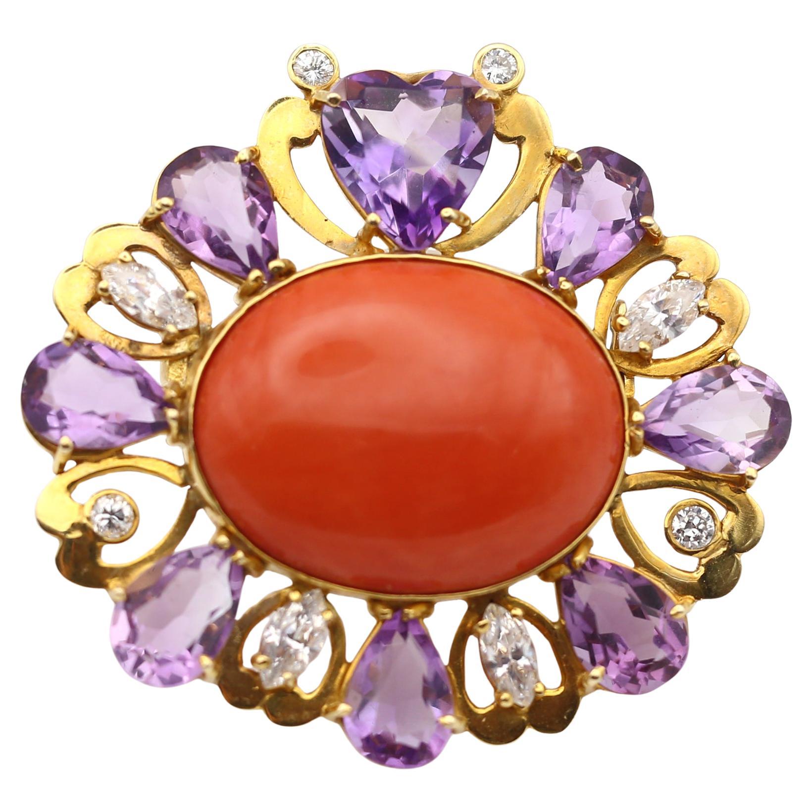 Massive 8Ct Amethyst Diamonds Yellow Gold Brooch, 1930 For Sale