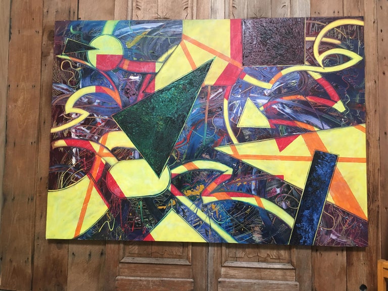 Massive Abstract Painting on Canvas Titled Neon Nightlife For Sale at