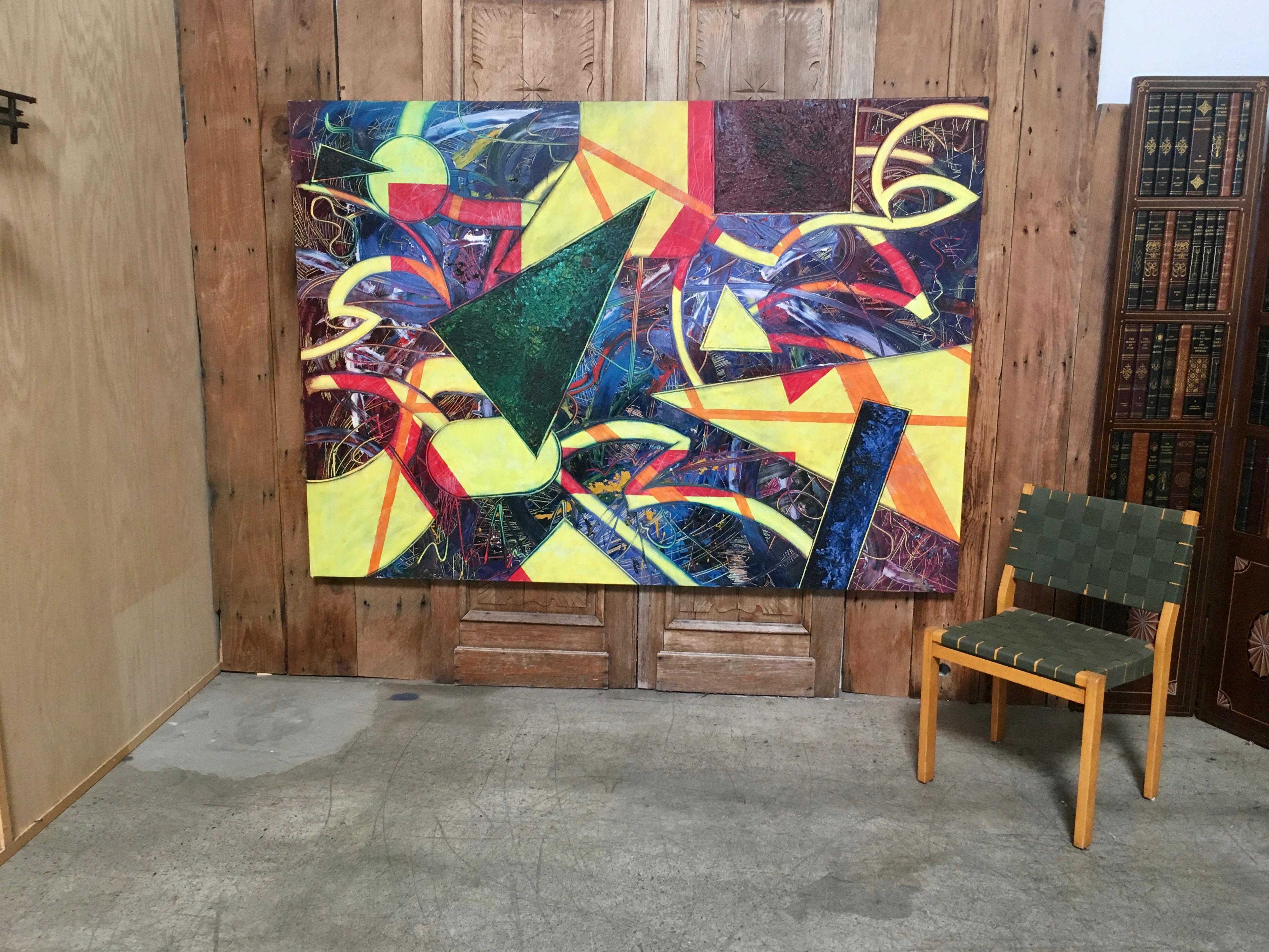 Very large Post modern abstract painting on canvas with bright color palette signed William 91