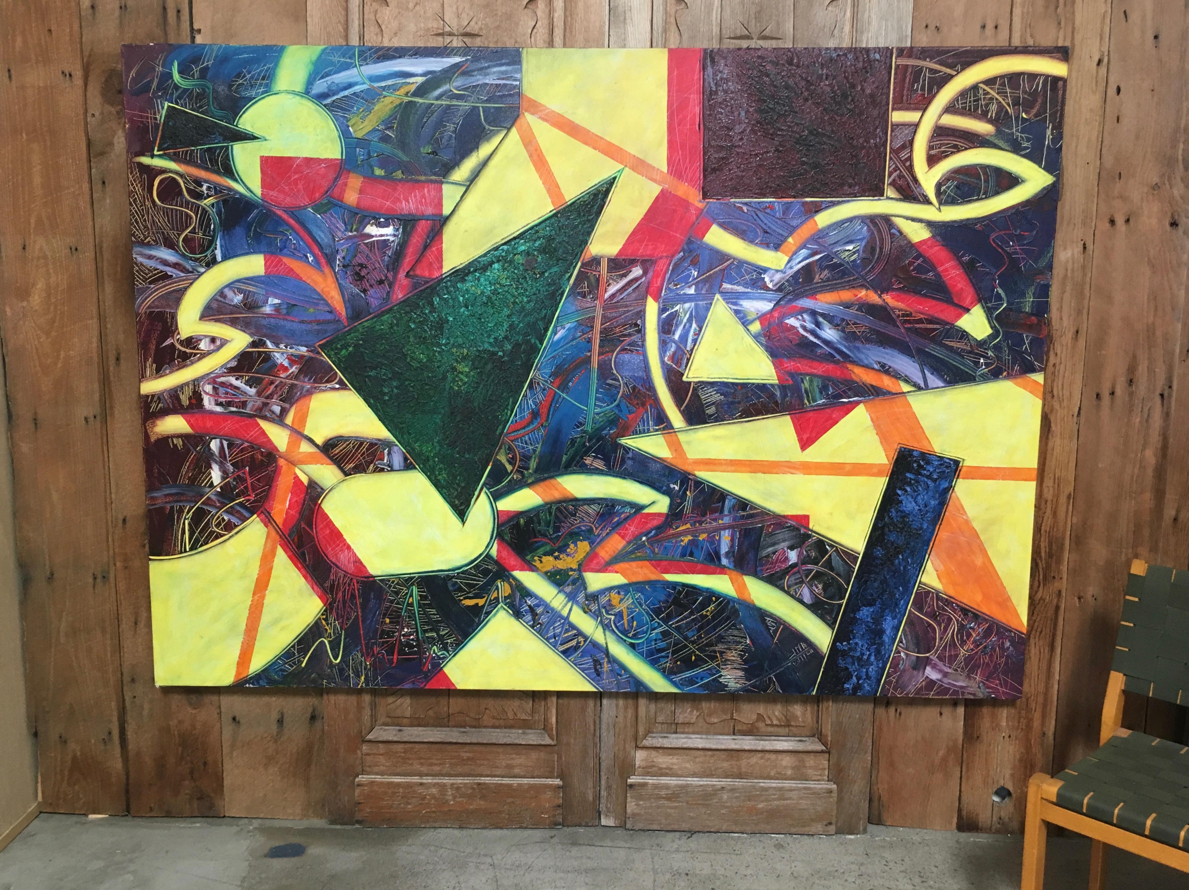 Massive Abstract Painting on Canvas Titled Neon Nightlife  In Good Condition In Denton, TX