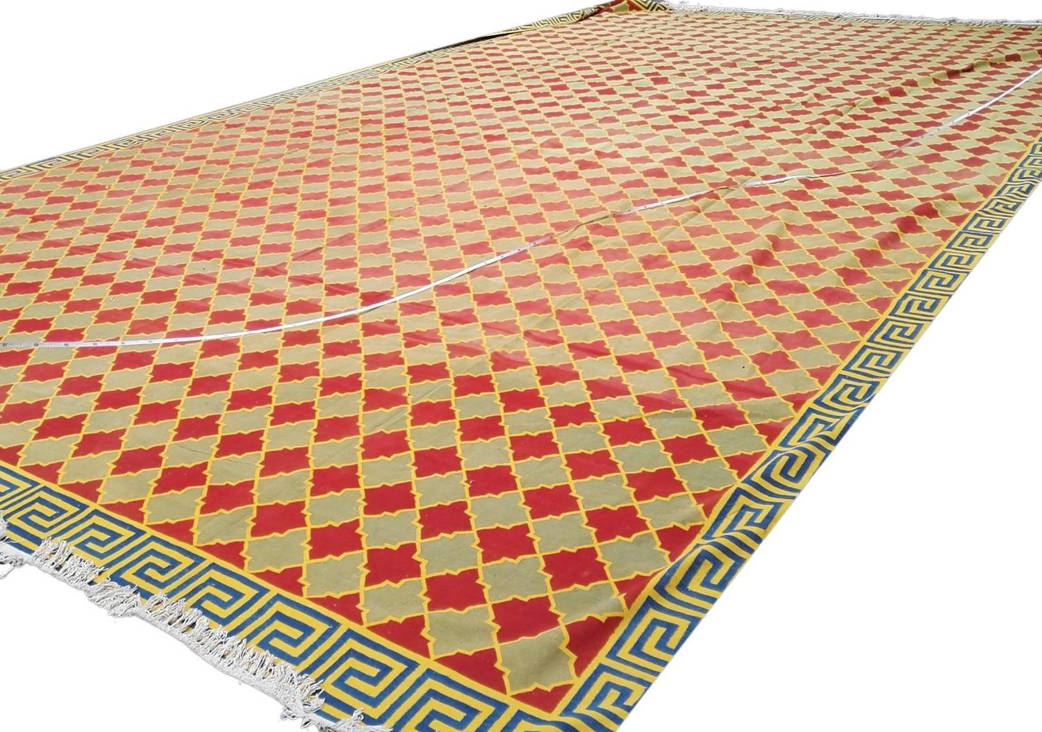 Hand-Knotted Massive All-Over Field Antique Indian Green&Rust Dhurrie Kilim, 1920-1950 For Sale
