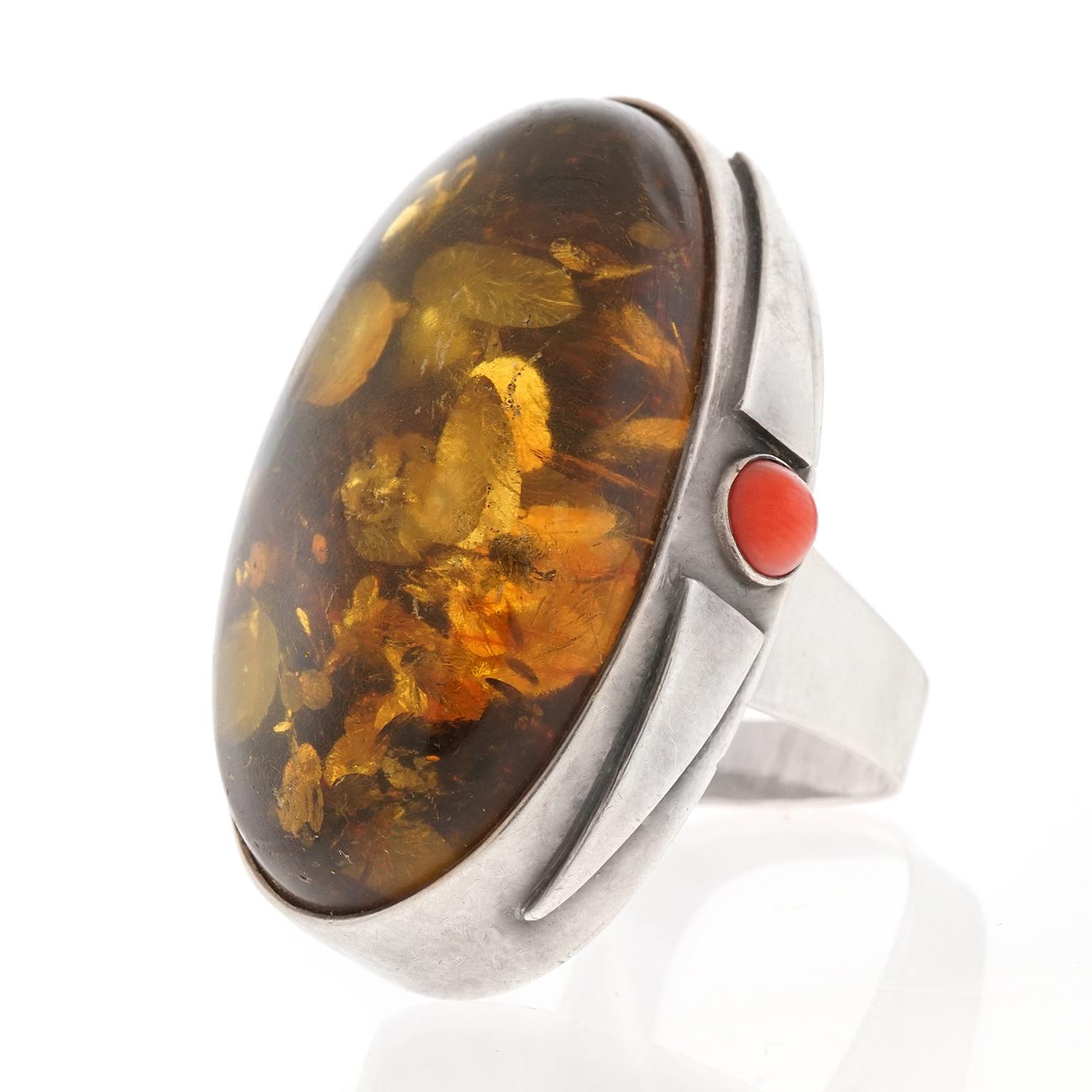 Modernist Massive Amber and Coral Sterling Ring