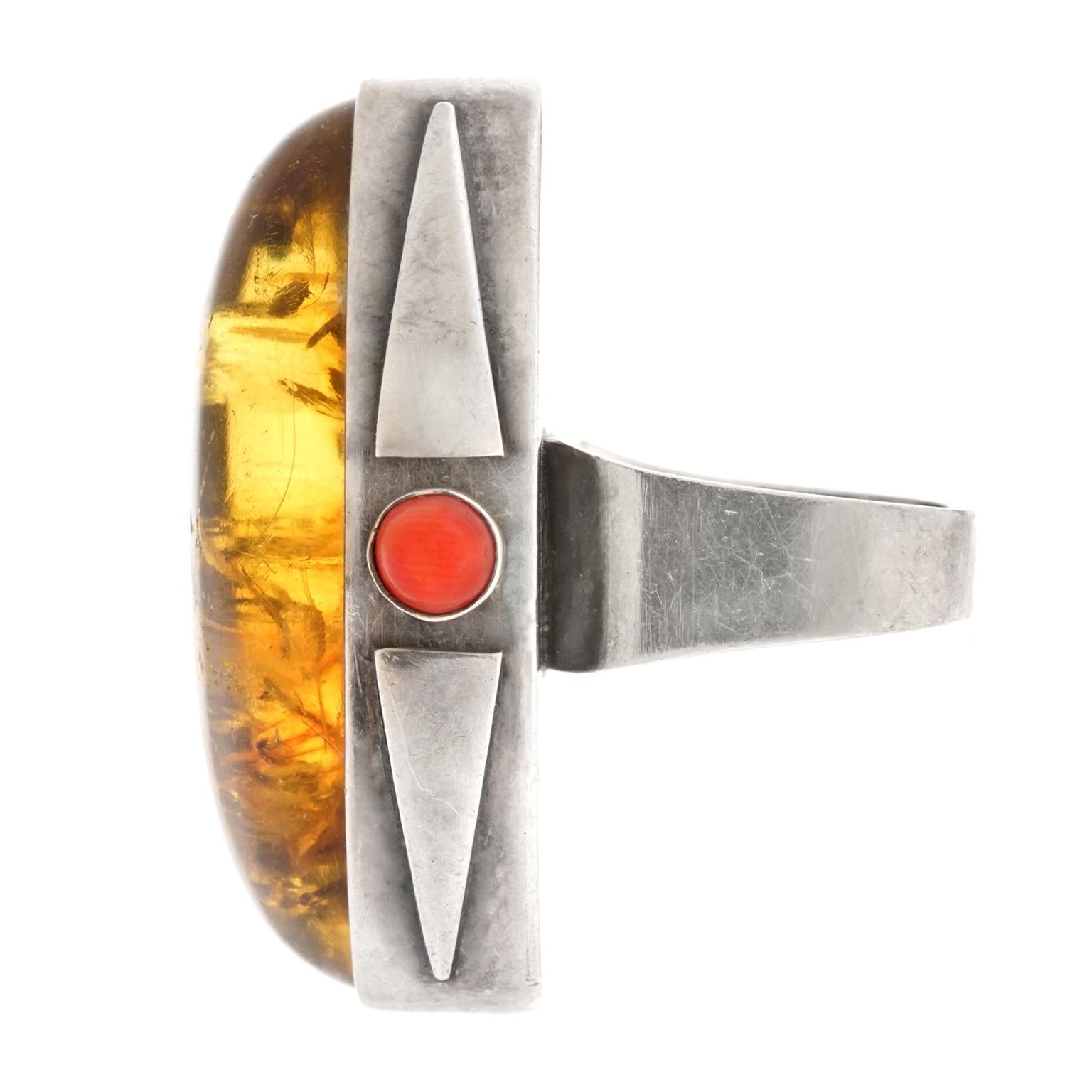 Massive Amber and Coral Sterling Ring 2
