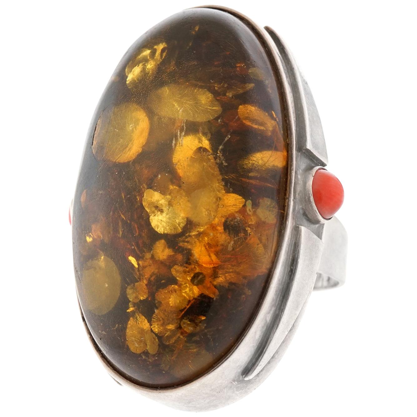 Massive Amber and Coral Sterling Ring