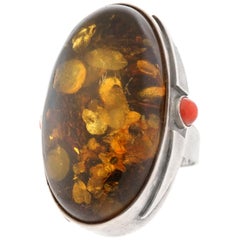 Vintage Massive Amber and Coral Sterling Ring