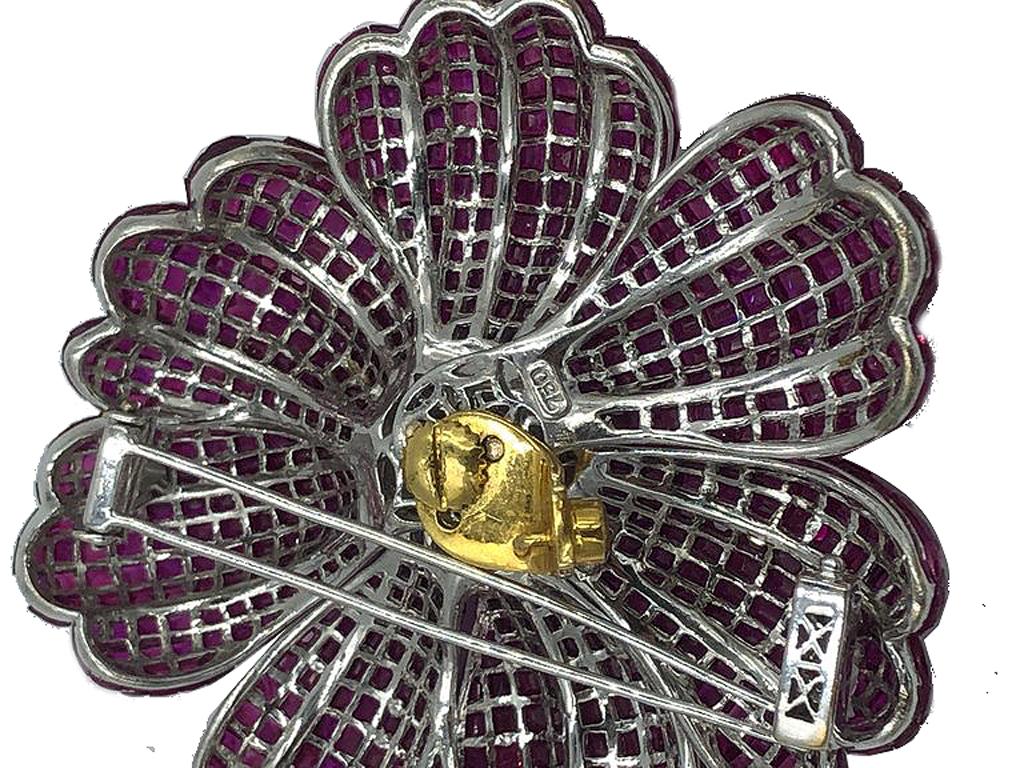 Massive and Fabulous Ruby and Canary Diamond Flower Brooch with Removable Stem For Sale 6