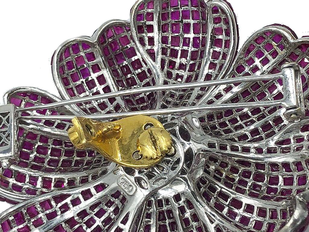 Massive and Fabulous Ruby and Canary Diamond Flower Brooch with Removable Stem For Sale 7