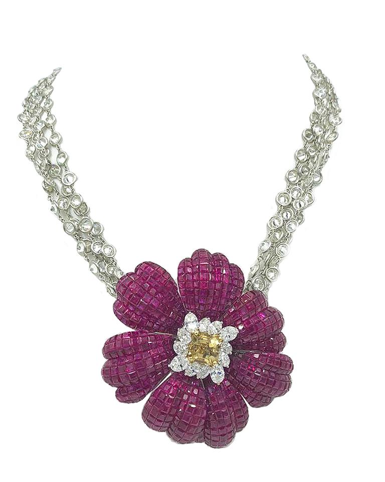 Massive and Fabulous Ruby and Canary Diamond Flower Brooch with Removable Stem For Sale 9