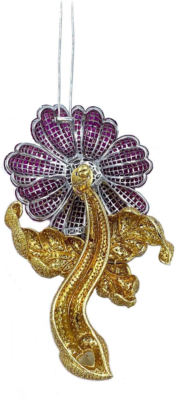 Massive and Fabulous Ruby and Canary Diamond Flower Brooch with Removable Stem In Good Condition For Sale In West Palm Beach, FL