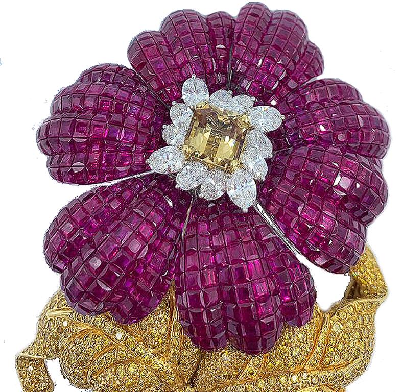 Women's or Men's Massive and Fabulous Ruby and Canary Diamond Flower Brooch with Removable Stem For Sale