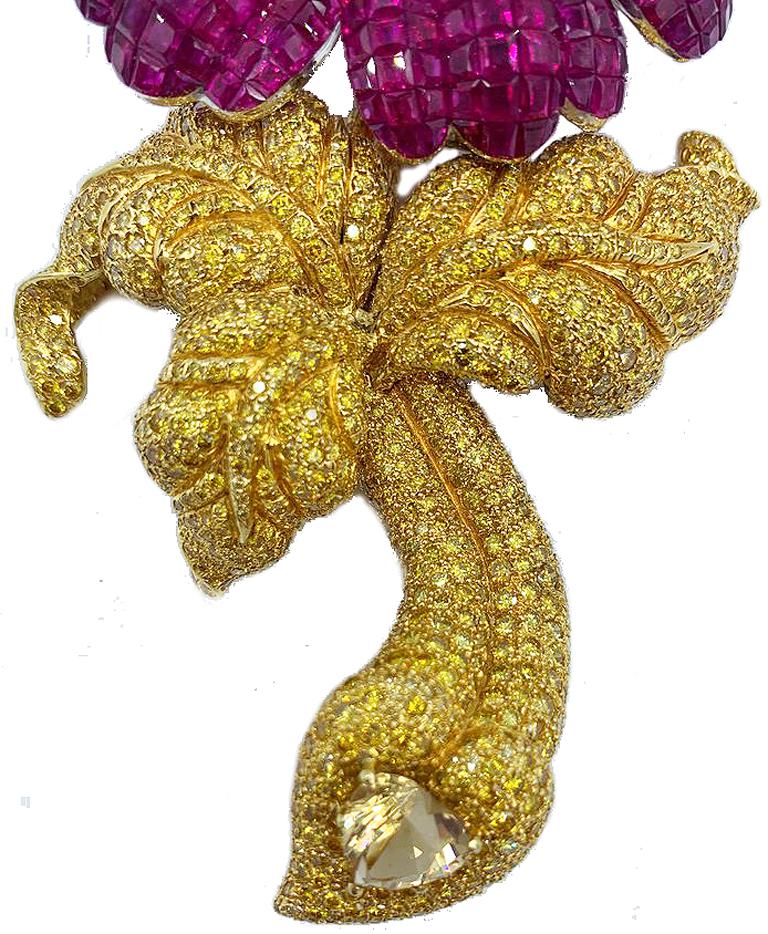 Massive and Fabulous Ruby and Canary Diamond Flower Brooch with Removable Stem For Sale 1