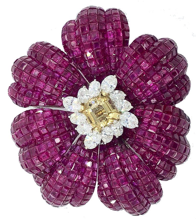 Massive and Fabulous Ruby and Canary Diamond Flower Brooch with Removable Stem For Sale 2