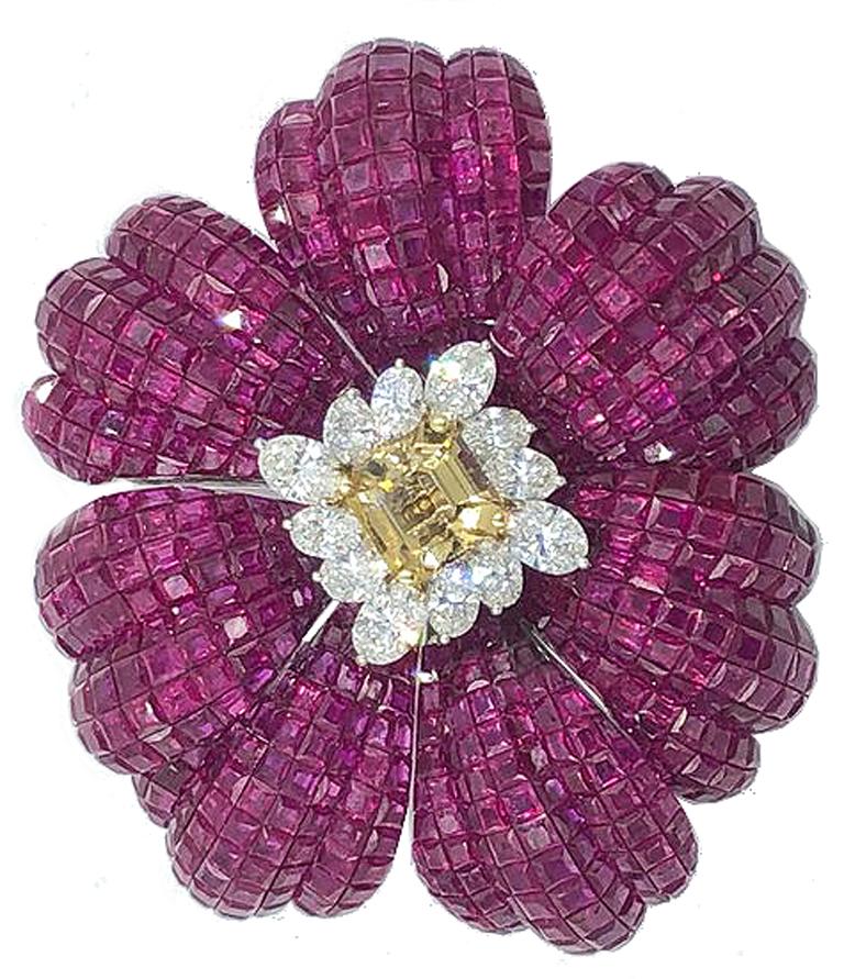 Massive and Fabulous Ruby and Canary Diamond Flower Brooch with ...
