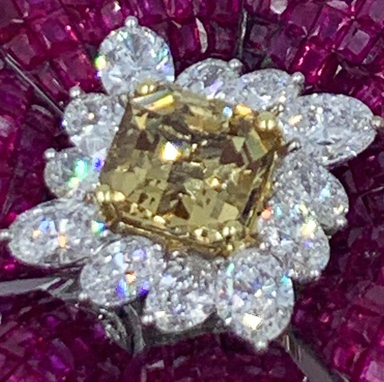 Massive and Fabulous Ruby and Canary Diamond Flower Brooch with Removable Stem For Sale 4