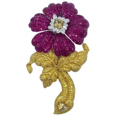 Massive and Fabulous Ruby and Canary Diamond Flower Brooch with Removable Stem