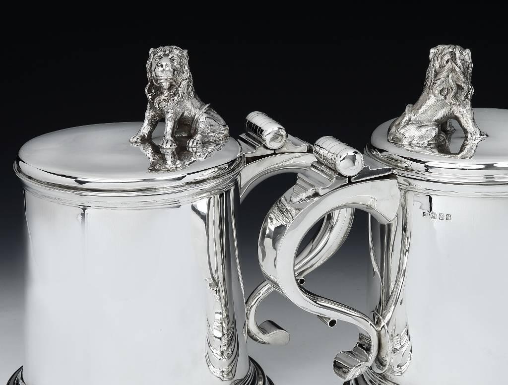 Lambert & Company (Herbert Charles Lambert), of Coventry Street, London.

A truly massive and heroic pair of Sterling silver presentation tankards of outstanding quality, made in the classic 17th century William & Mary style. The bodies of each