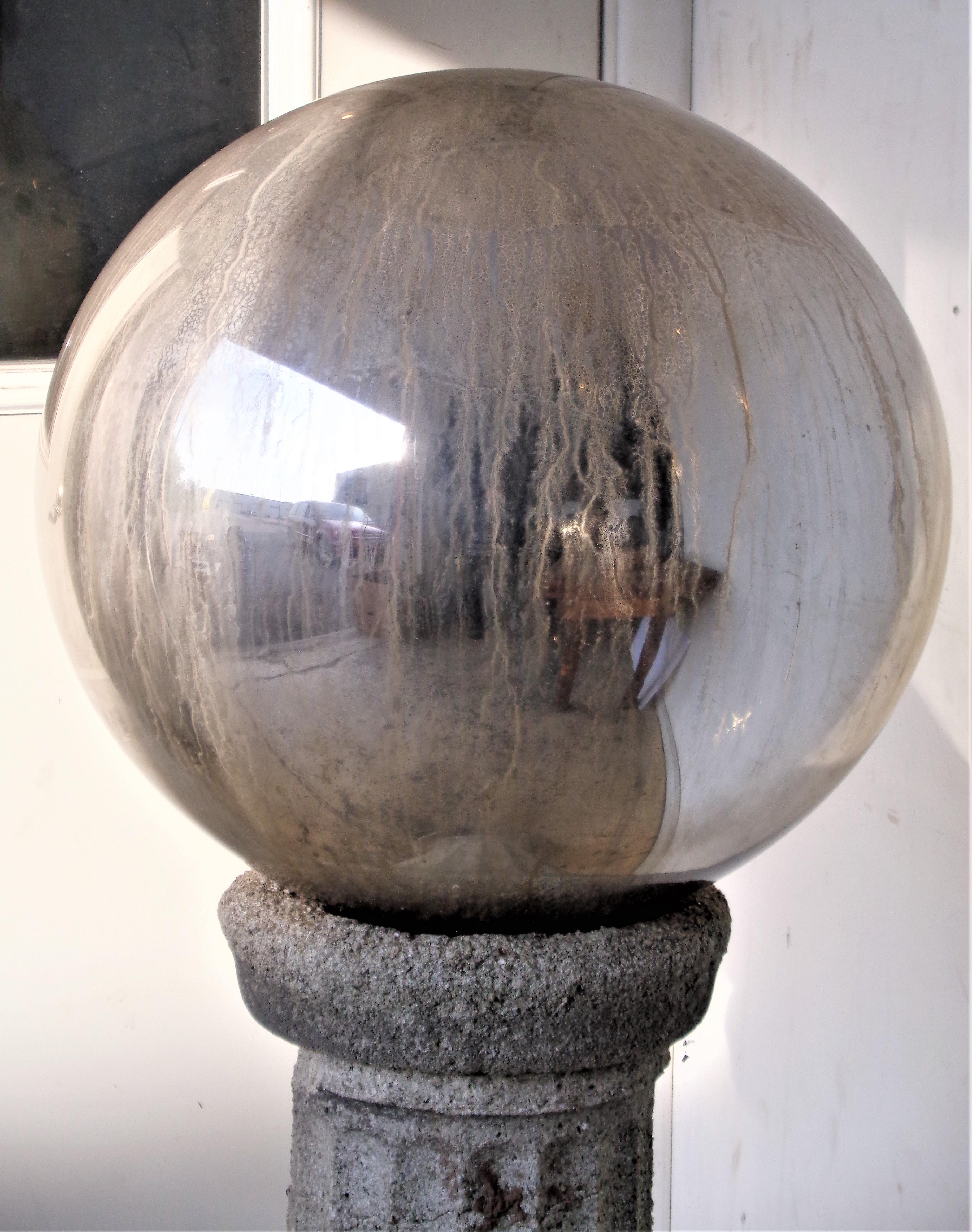 Stone Massive Antique Blown Mercury Glass Gazing Ball on Pedestal
