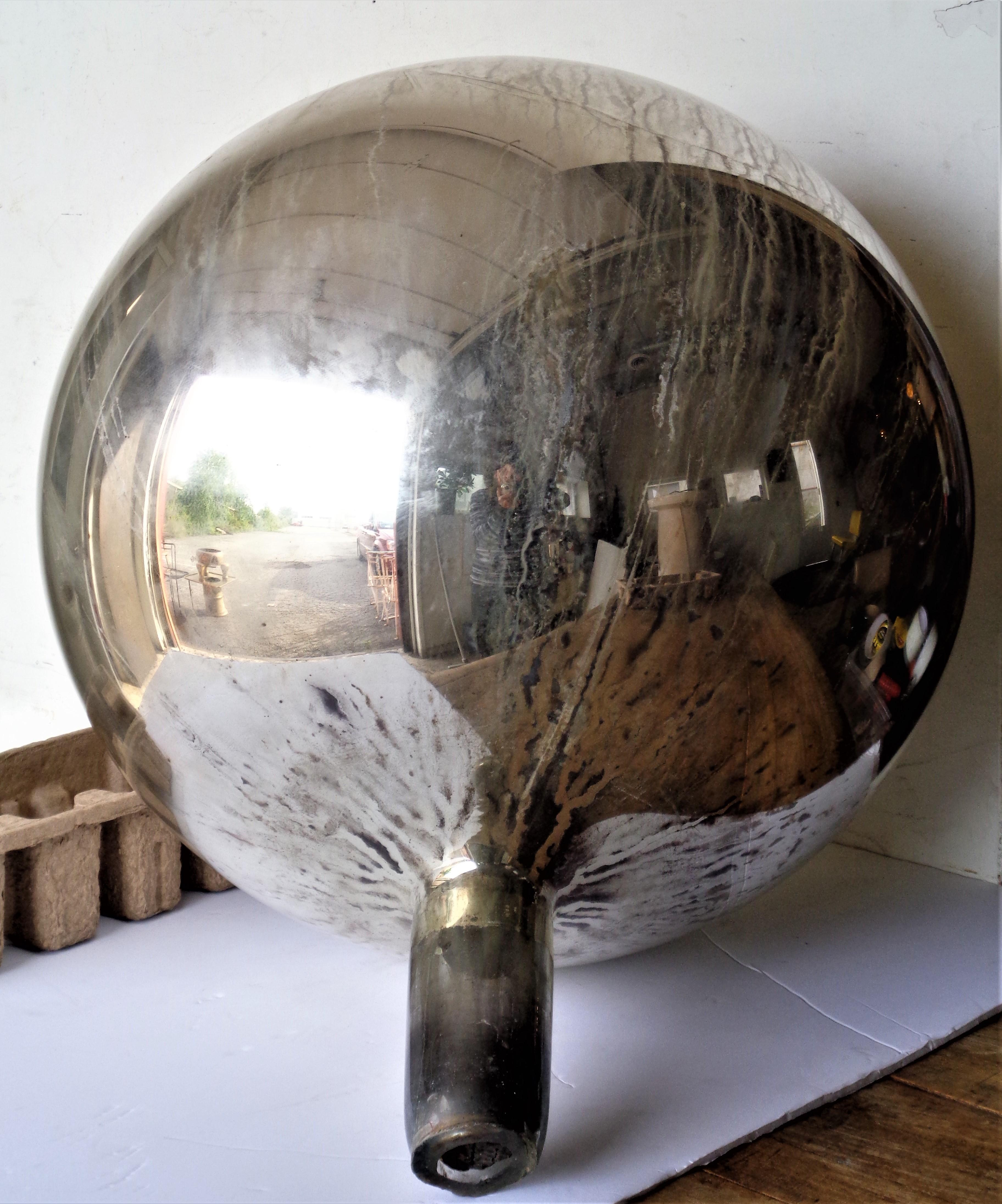Massive Antique Blown Mercury Glass Gazing Ball on Pedestal 3