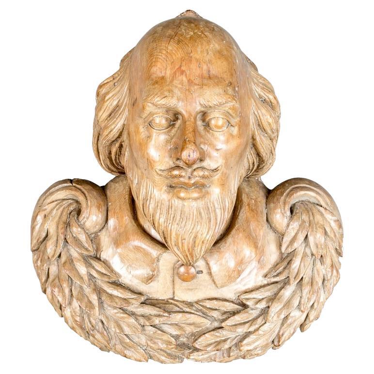 Massif buste ancien en bois dur sculpté de Shakespeare 