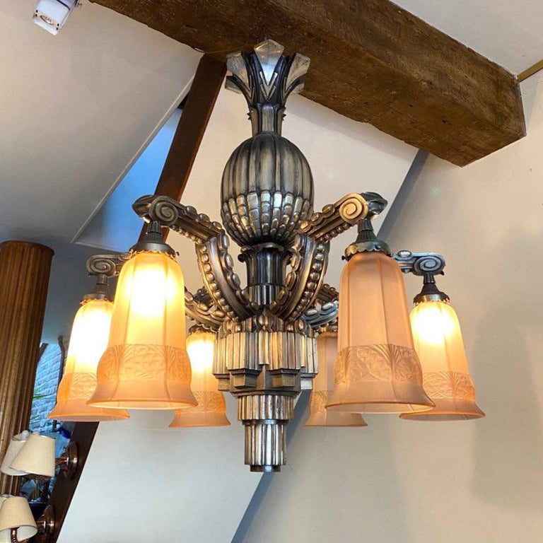 Massive Antique Chandelier In Bronze Art Deco 6 Light Chandelier 1930s massive-antique-chandelier-in-bronze-art-deco-6-light-chandelier-1930s