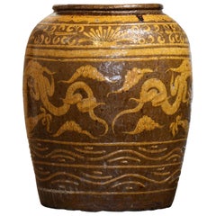 Massive Antique Chinese Earthenware Martaban Dragon Jar