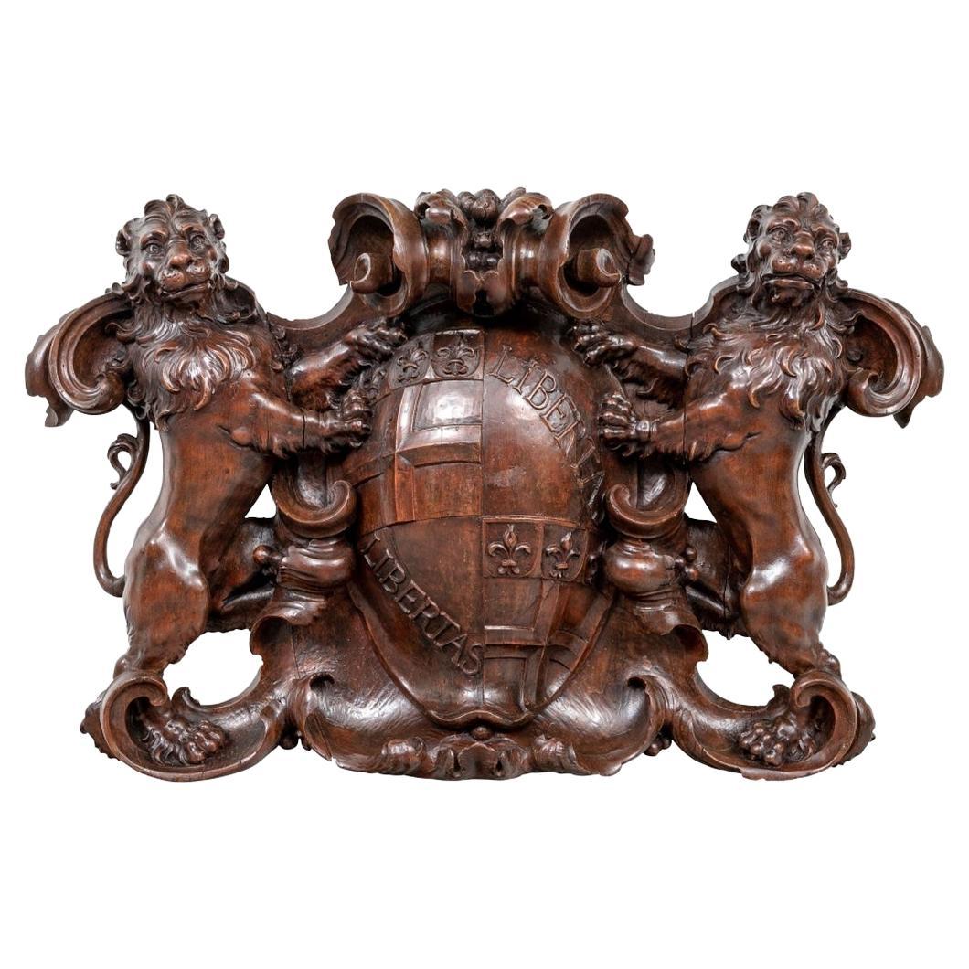 Massive Antique European Heraldic Wood Carving For Sale