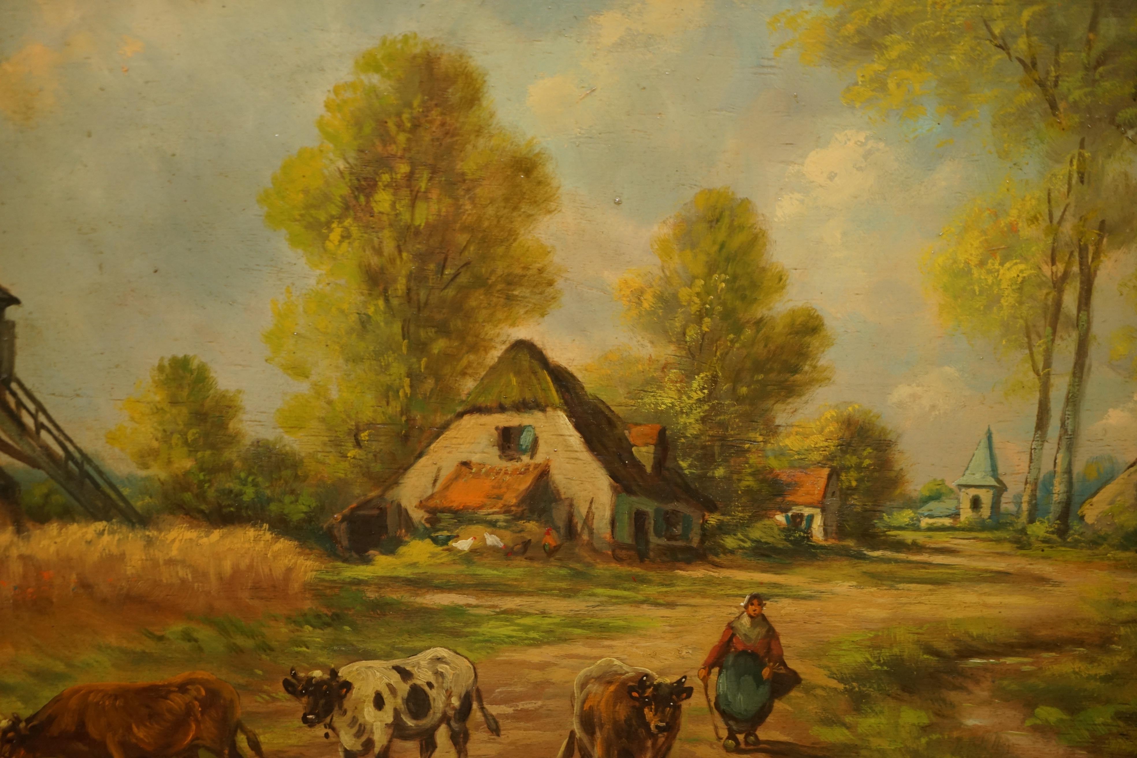 Massive Antique Flemish Oil Painting Signed Jihuitog circa 1880 Rural Scene For Sale 5