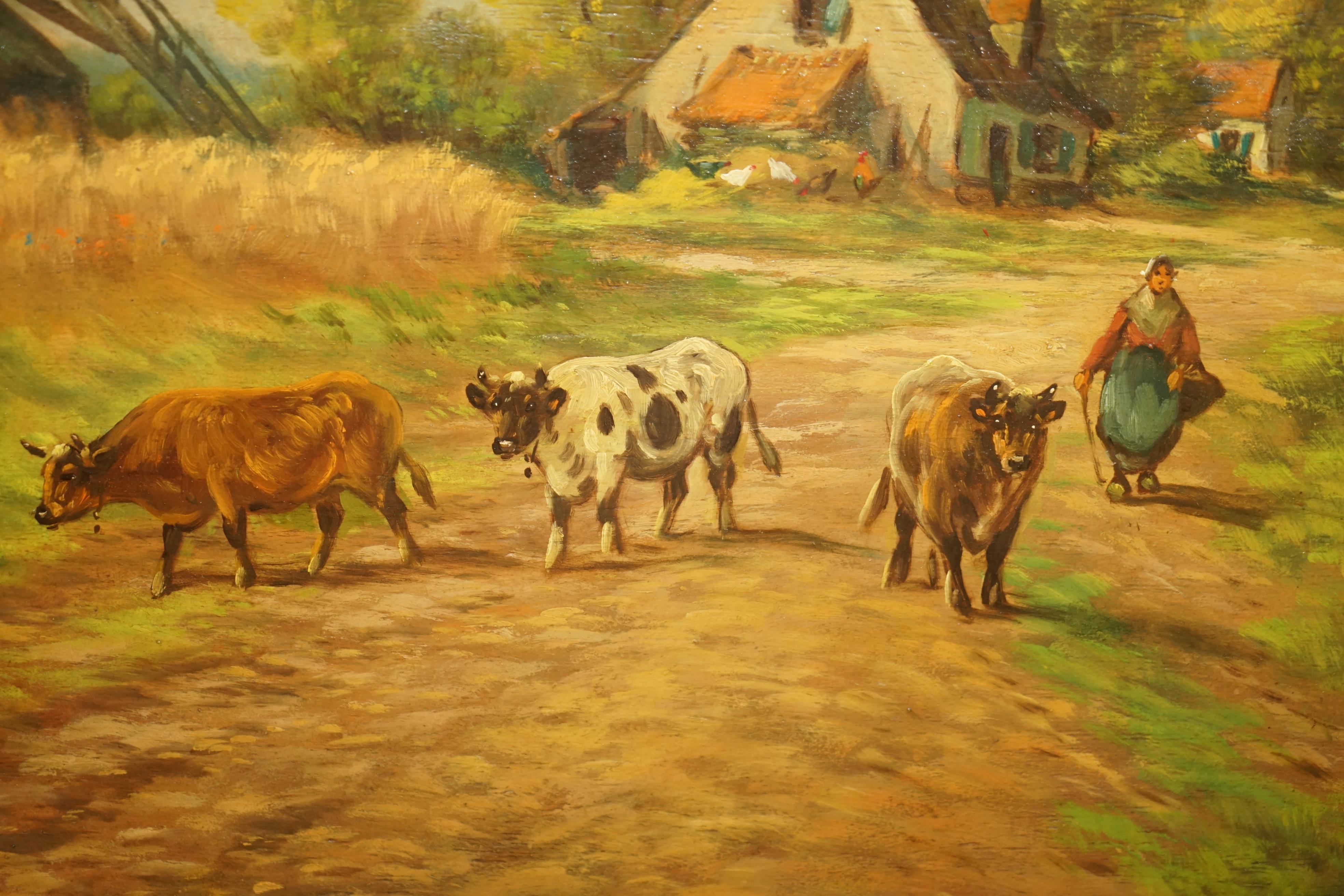 Grande peinture à l'huile flamande ancienne signée Jihuitog, Scène rurale datant d'environ 1880 en vente 9