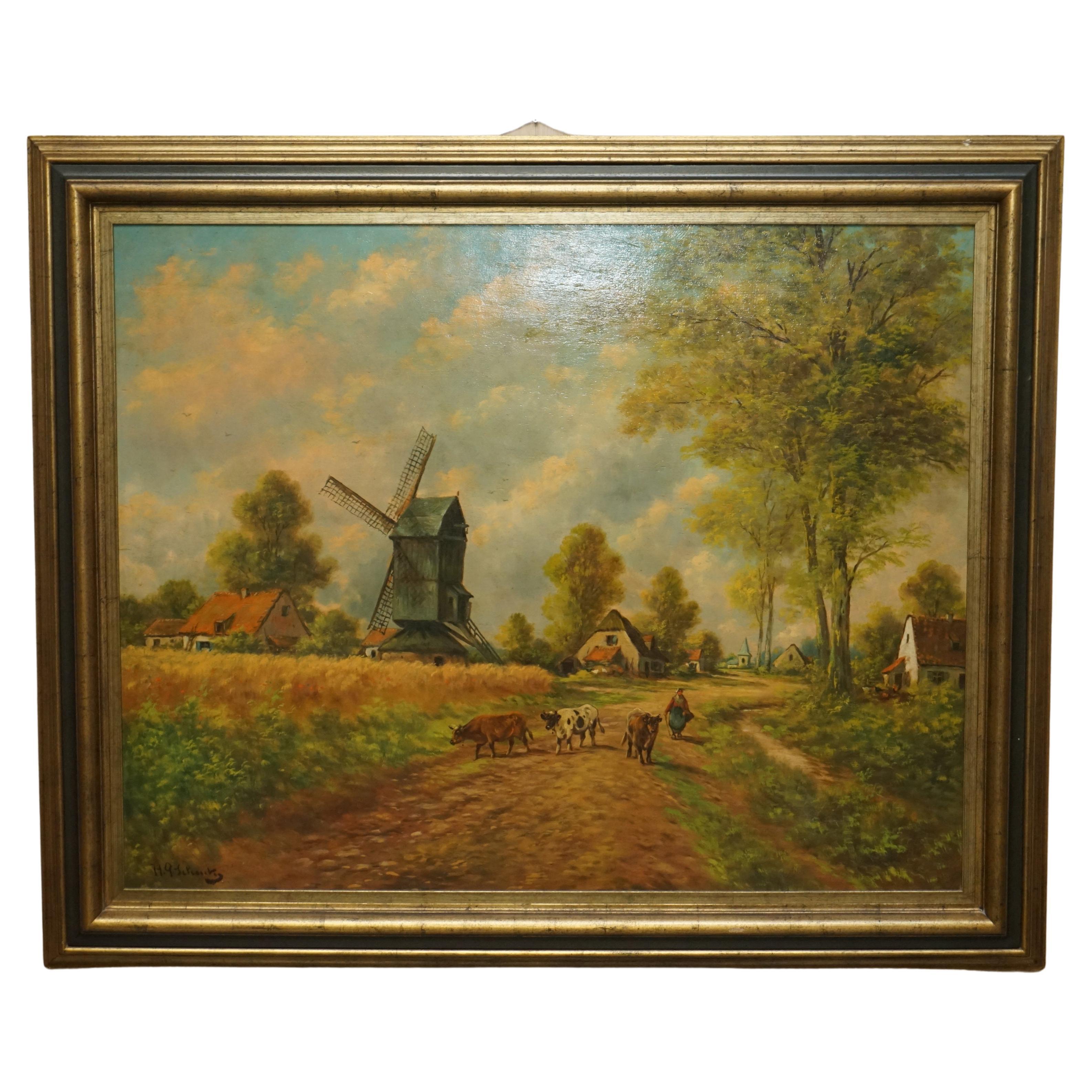 Grande peinture à l'huile flamande ancienne signée Jihuitog, Scène rurale datant d'environ 1880 en vente