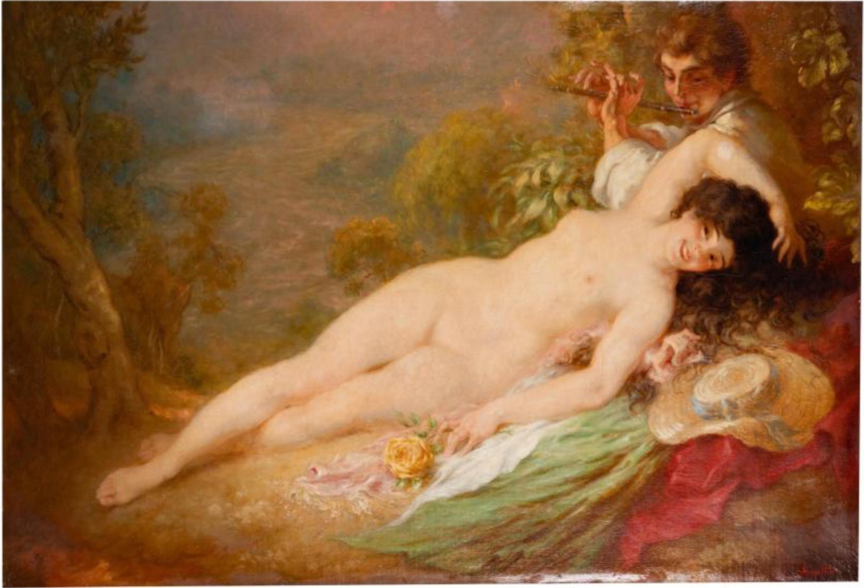 Romantique Massive peinture à l'huile ancienne de Louis Anquetin représentant Vénus et Cupidon. en vente
