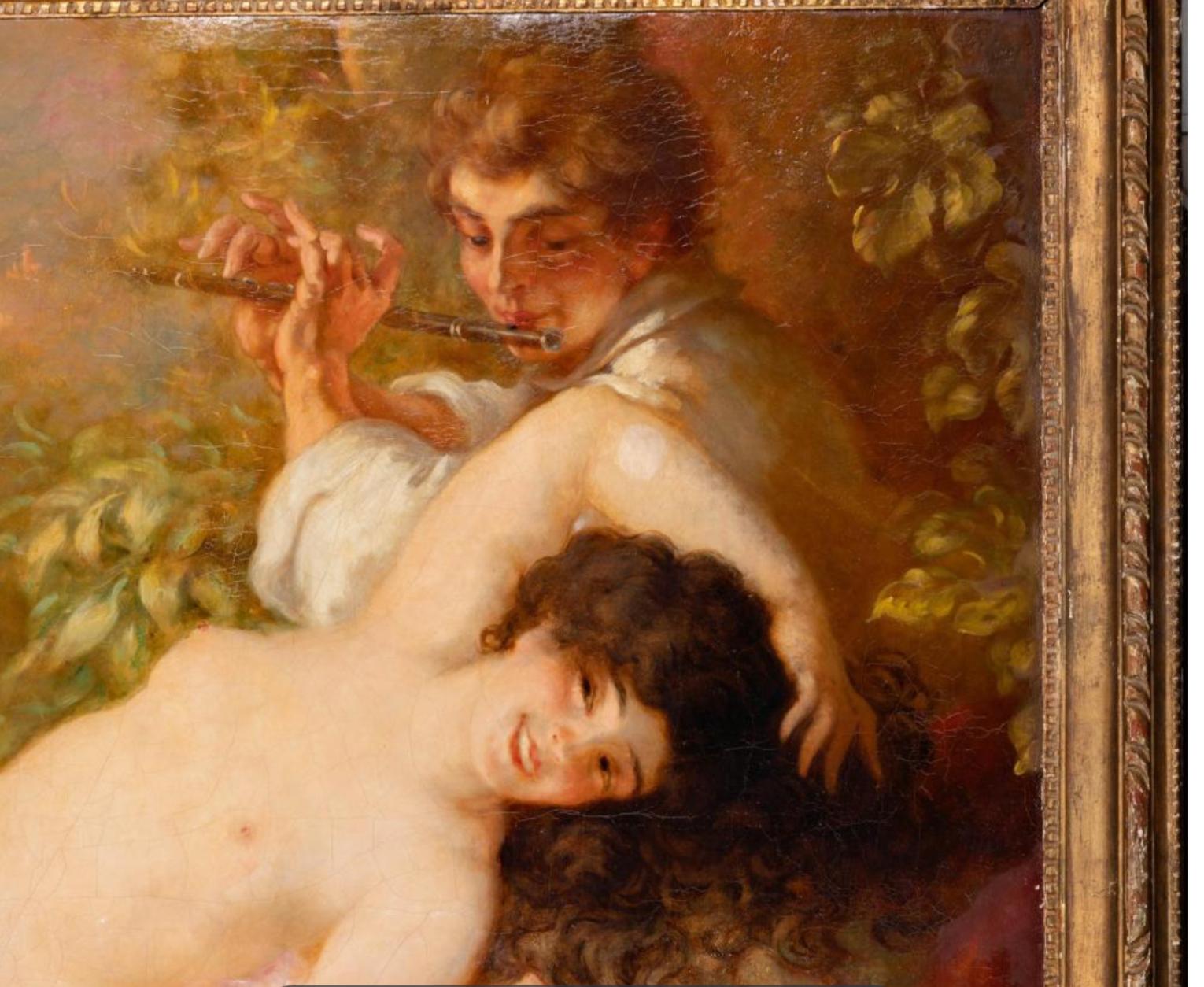 Français Massive peinture à l'huile ancienne de Louis Anquetin représentant Vénus et Cupidon. en vente
