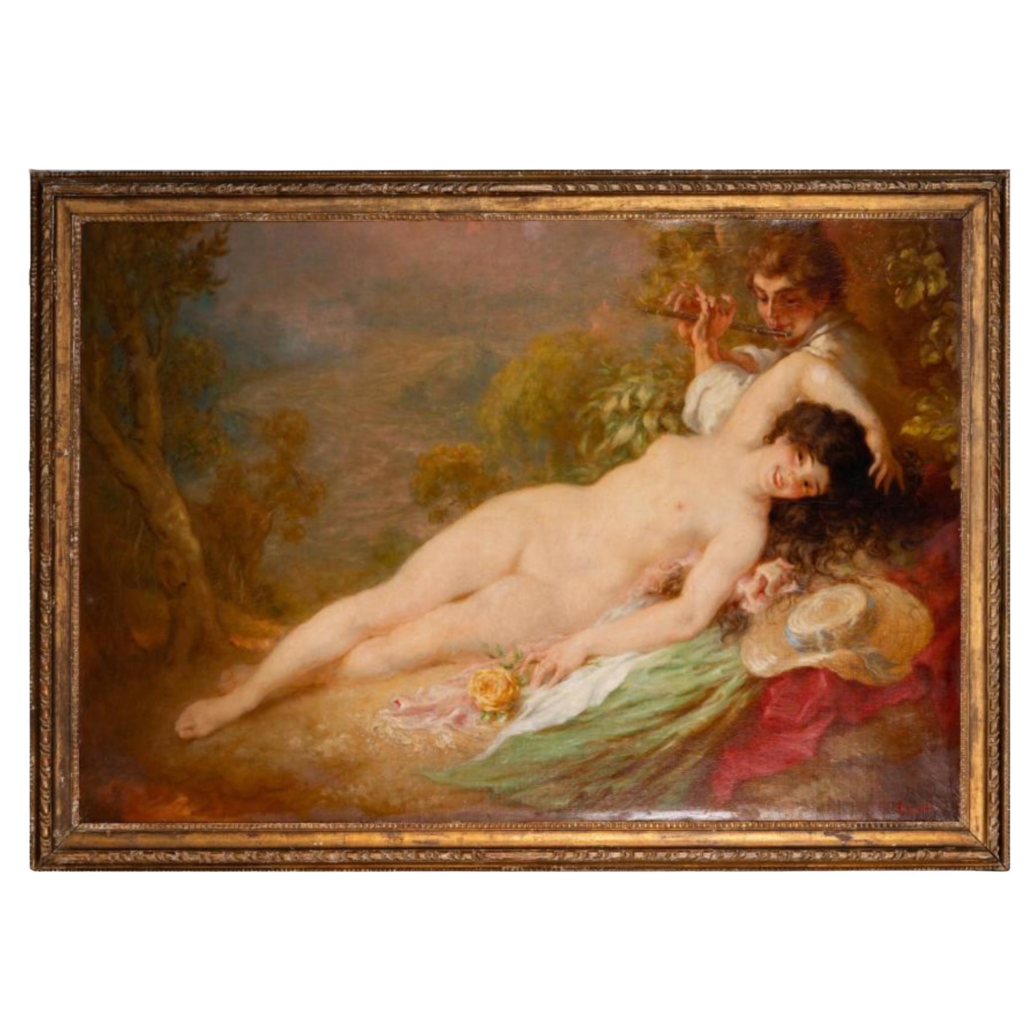 Massive peinture à l'huile ancienne de Louis Anquetin représentant Vénus et Cupidon.