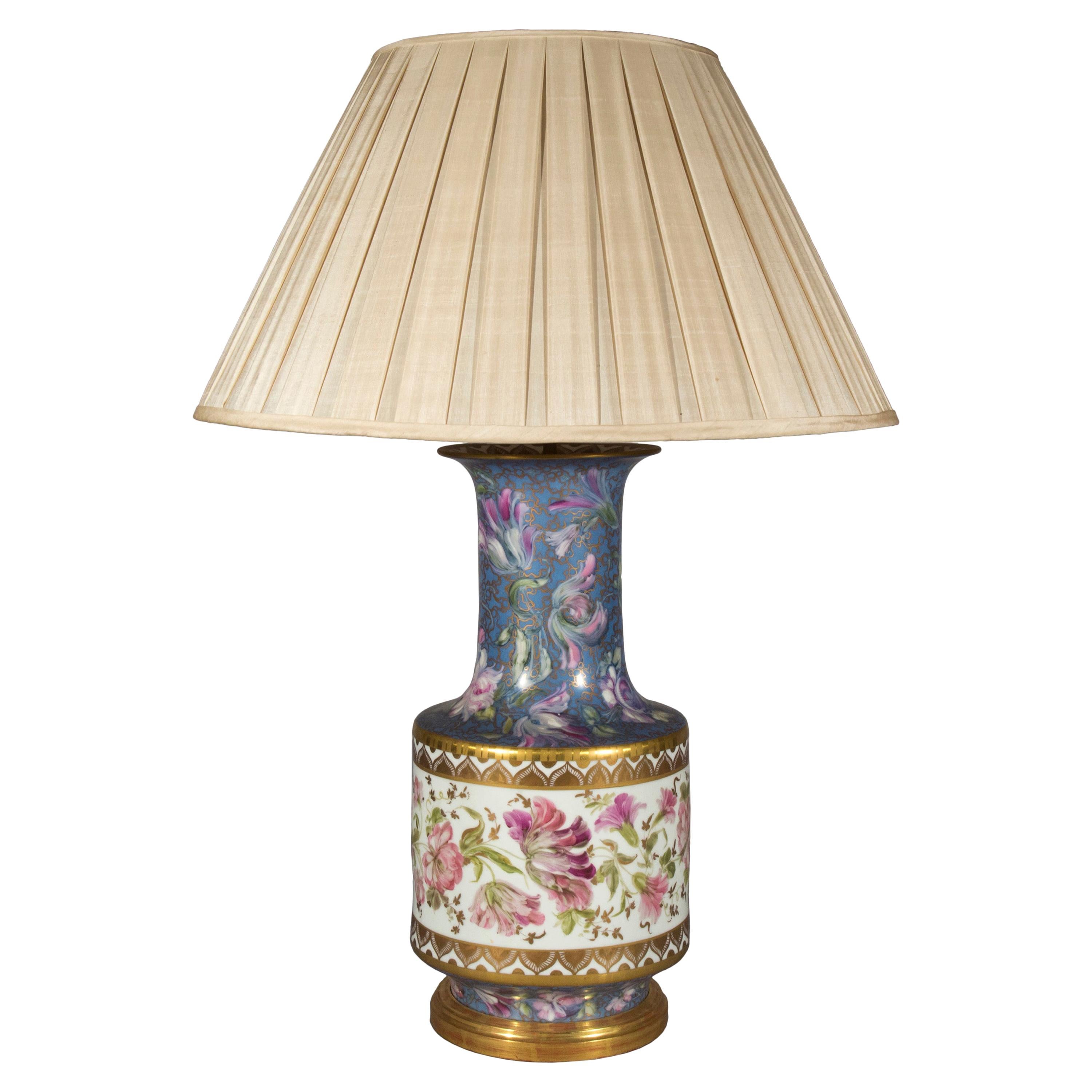 Massive Antique Porcelain Vase Table Lamp with Hand Painted Floral