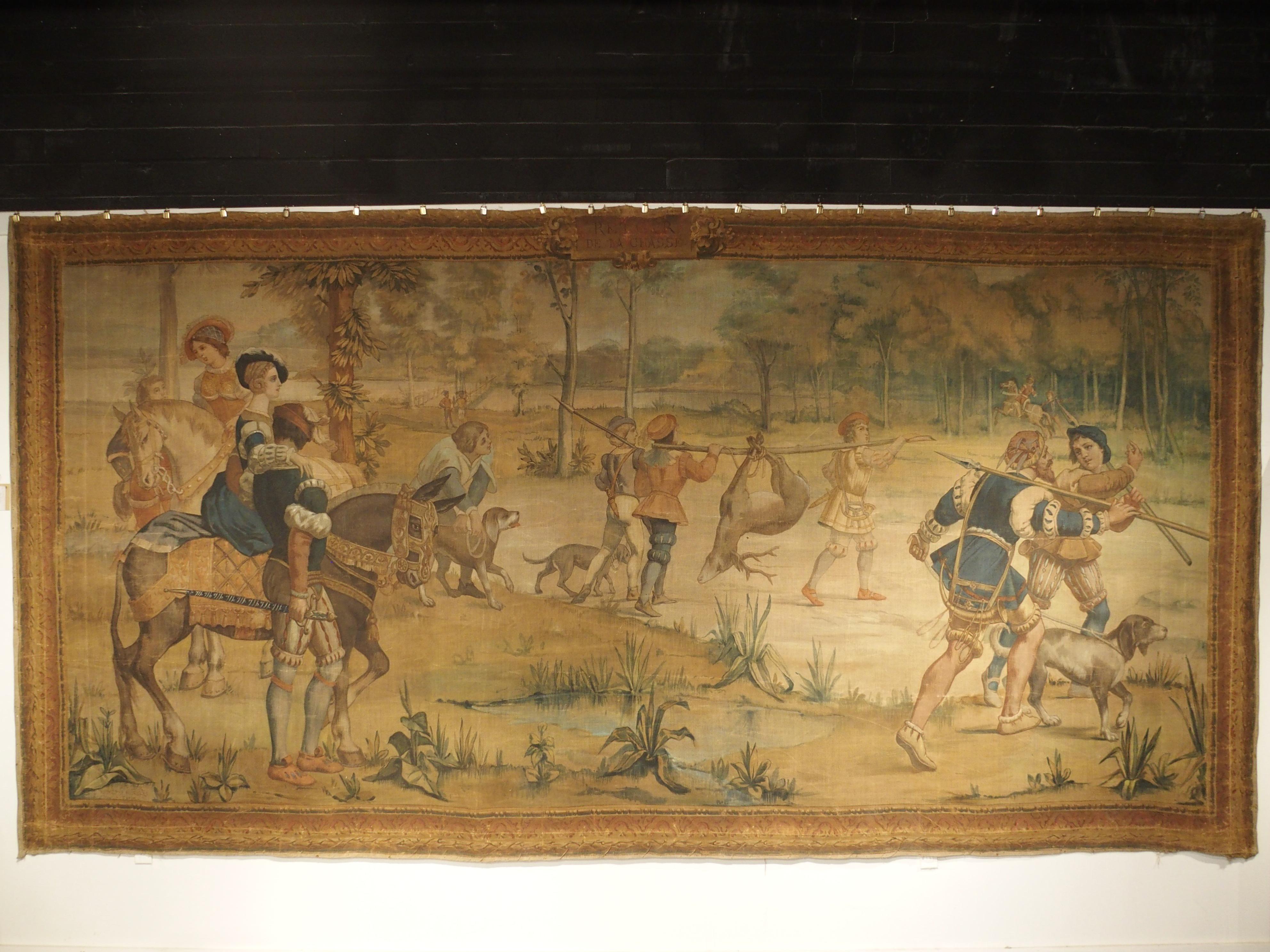 Hand-Painted Massive Antique Italian Painted Canvas of a Hunt Scene, 19th Century