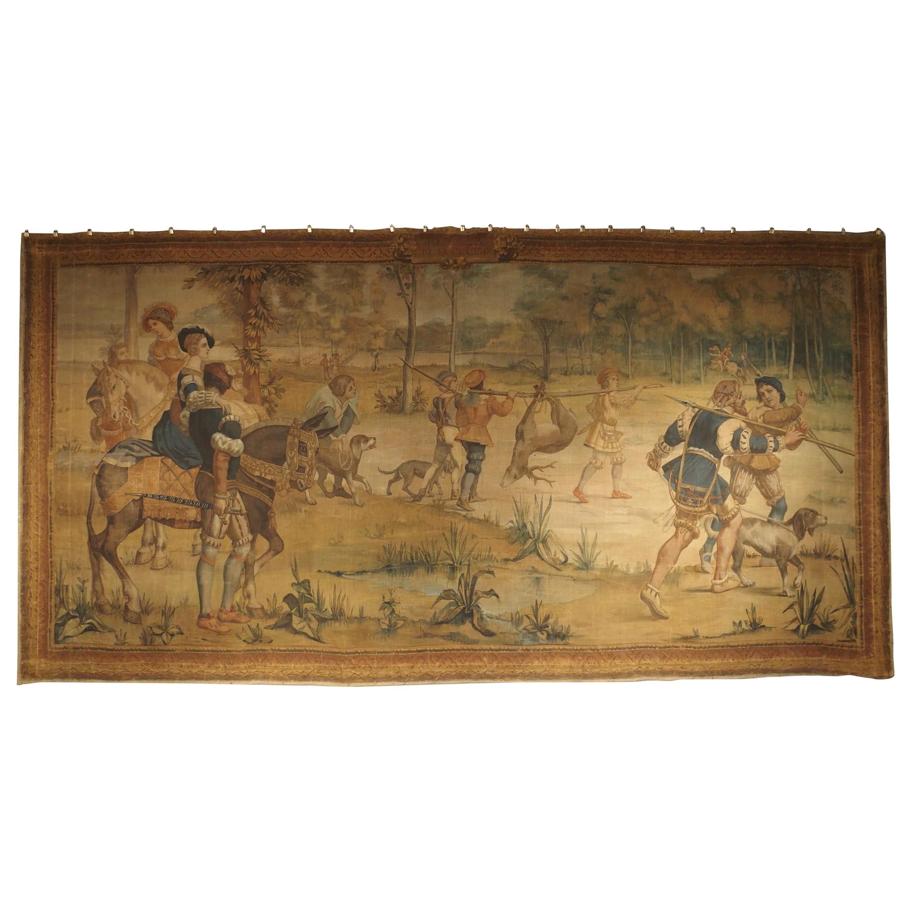 Massive Antique Italian Painted Canvas of a Hunt Scene, 19th Century