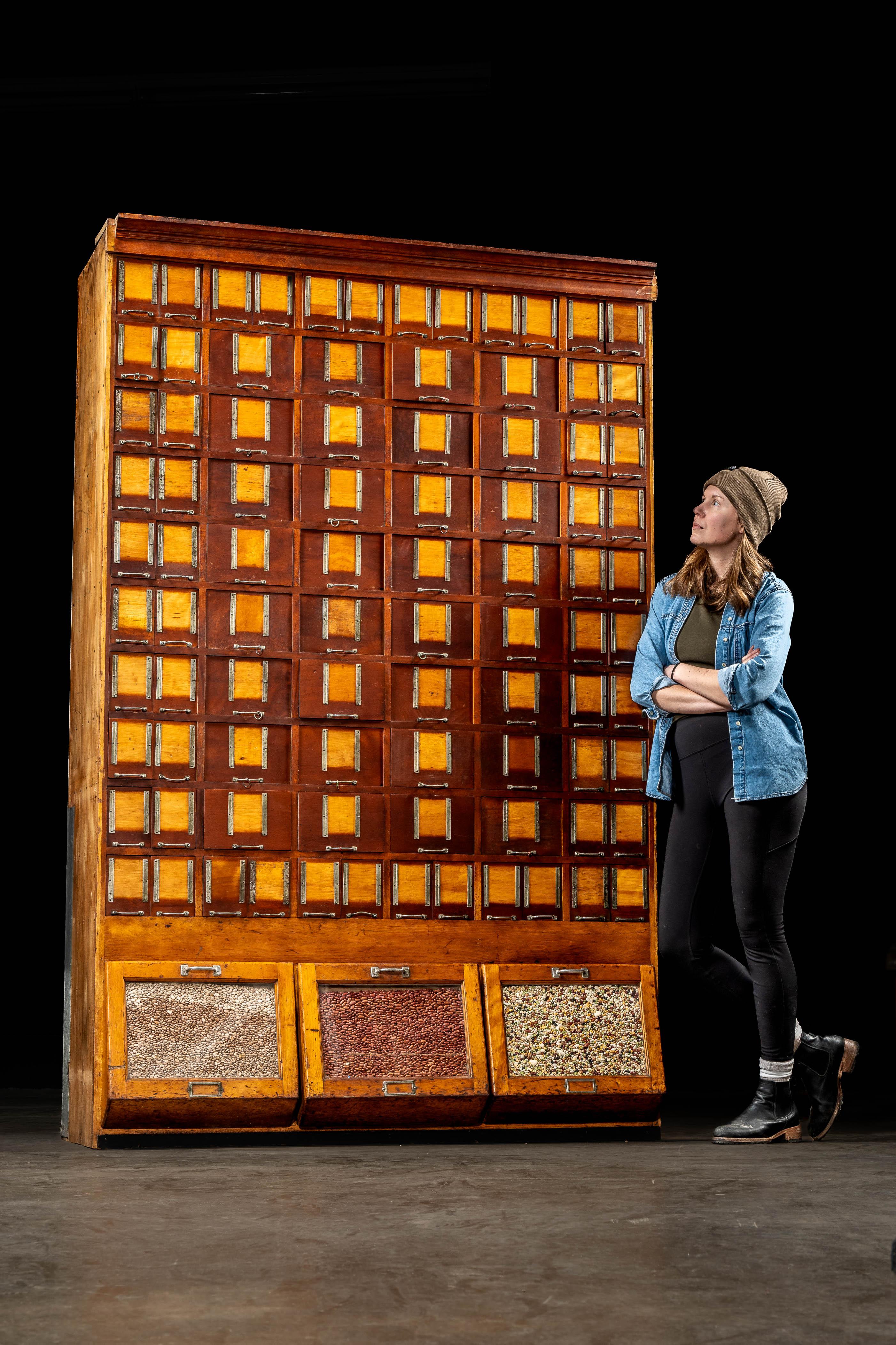 Grande armadio antico in legno. 

Questo mobile dispone di 88 cassetti di due diverse dimensioni, ognuno dei quali sembra essere dotato di un tiretto nichelato. Lungo il fondo si trovano tre cassetti estraibili di dimensioni uniformi, che sembrano