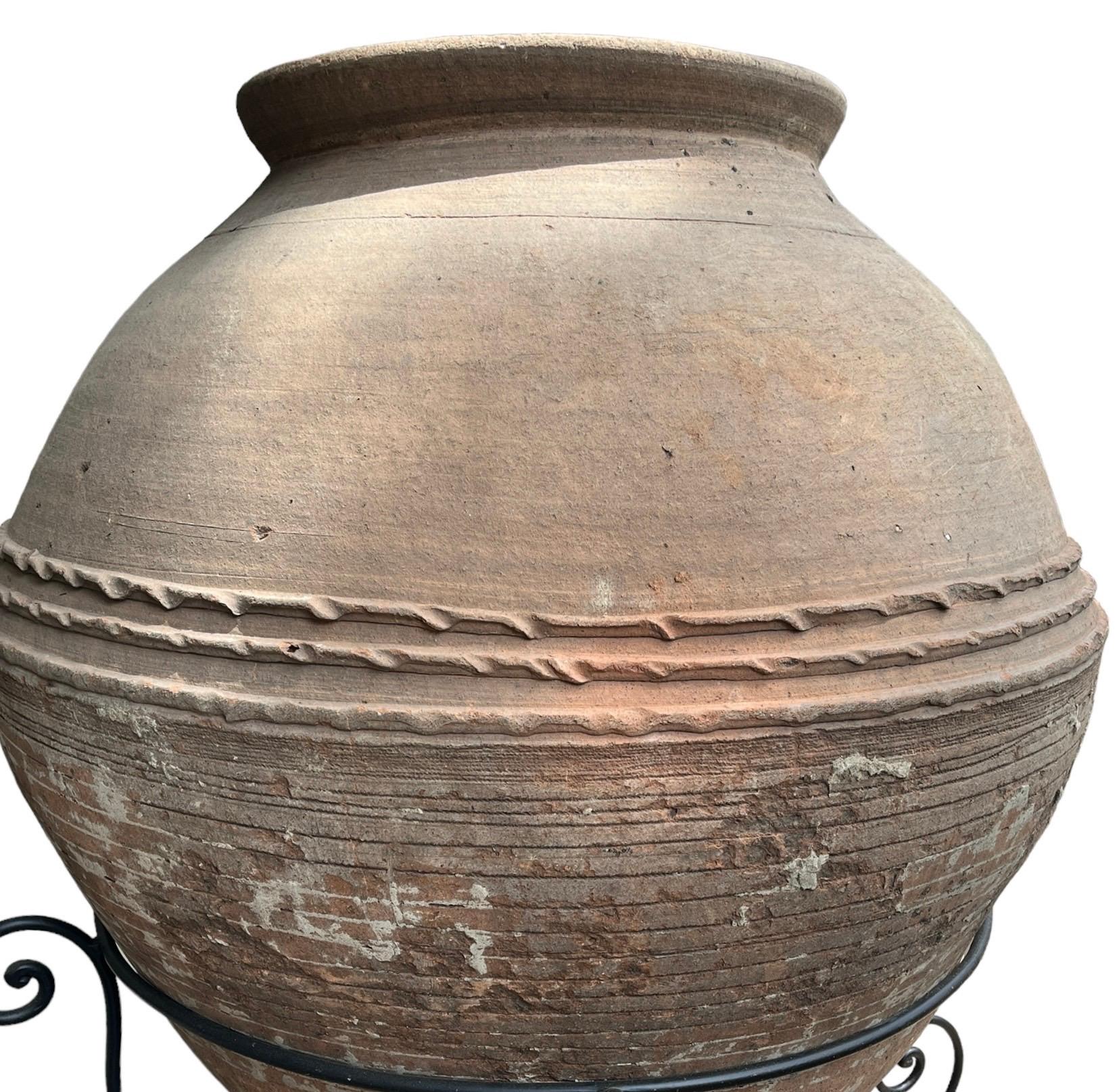 Greek Massive Antique Mediterranean Terracotta Wine Amphora Vase on Metal Rolling Base For Sale