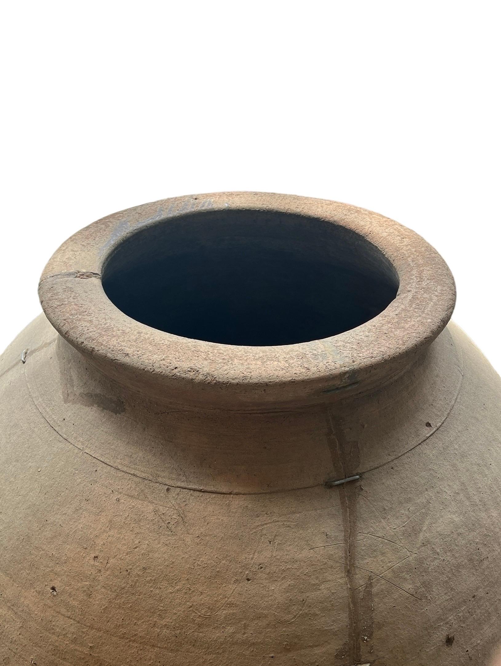 Massive Antique Mediterranean Terracotta Wine Amphora Vase on Metal Rolling Base In Good Condition For Sale In Houston, TX