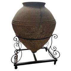 Massive Used Mediterranean Terracotta Wine Amphora Vase on Metal Rolling Base