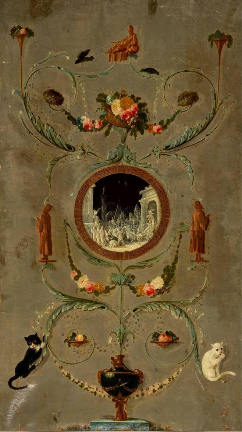 A monumental Continental School neo-classical framed wall painting mural from the late 18th / early 19th century.

Born in Continental Europe (most likey Northern or Central Italy), this very large hand painted oil on canvas architectural mural,