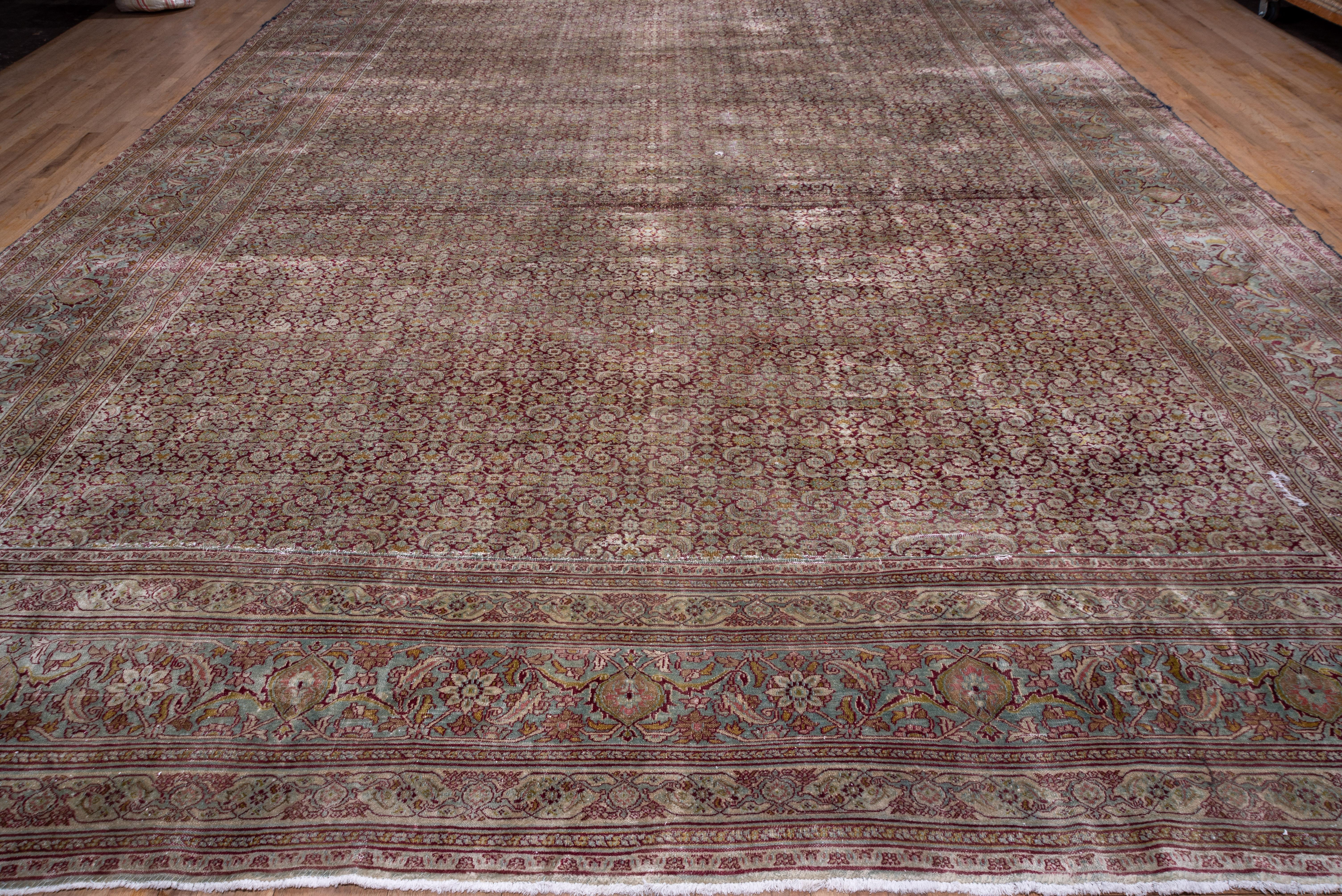 Early 20th Century Massive Antique Persian Khorassan Carpet, Wine Herati Field, Light Blue Borders For Sale