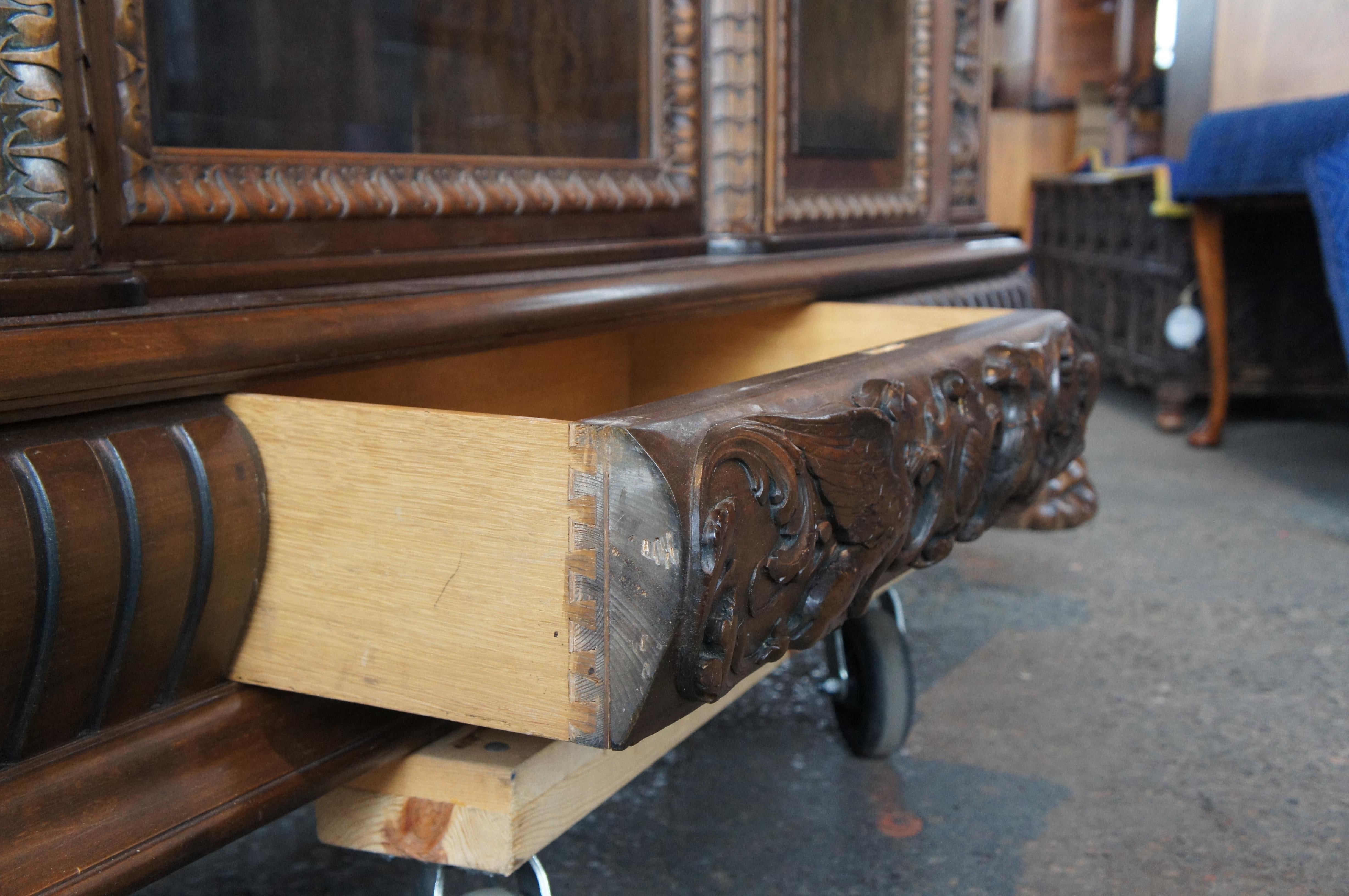 Massive Antique Renaissance Revival Walnut Carved Knockdown Bookcase Armoire For Sale 5