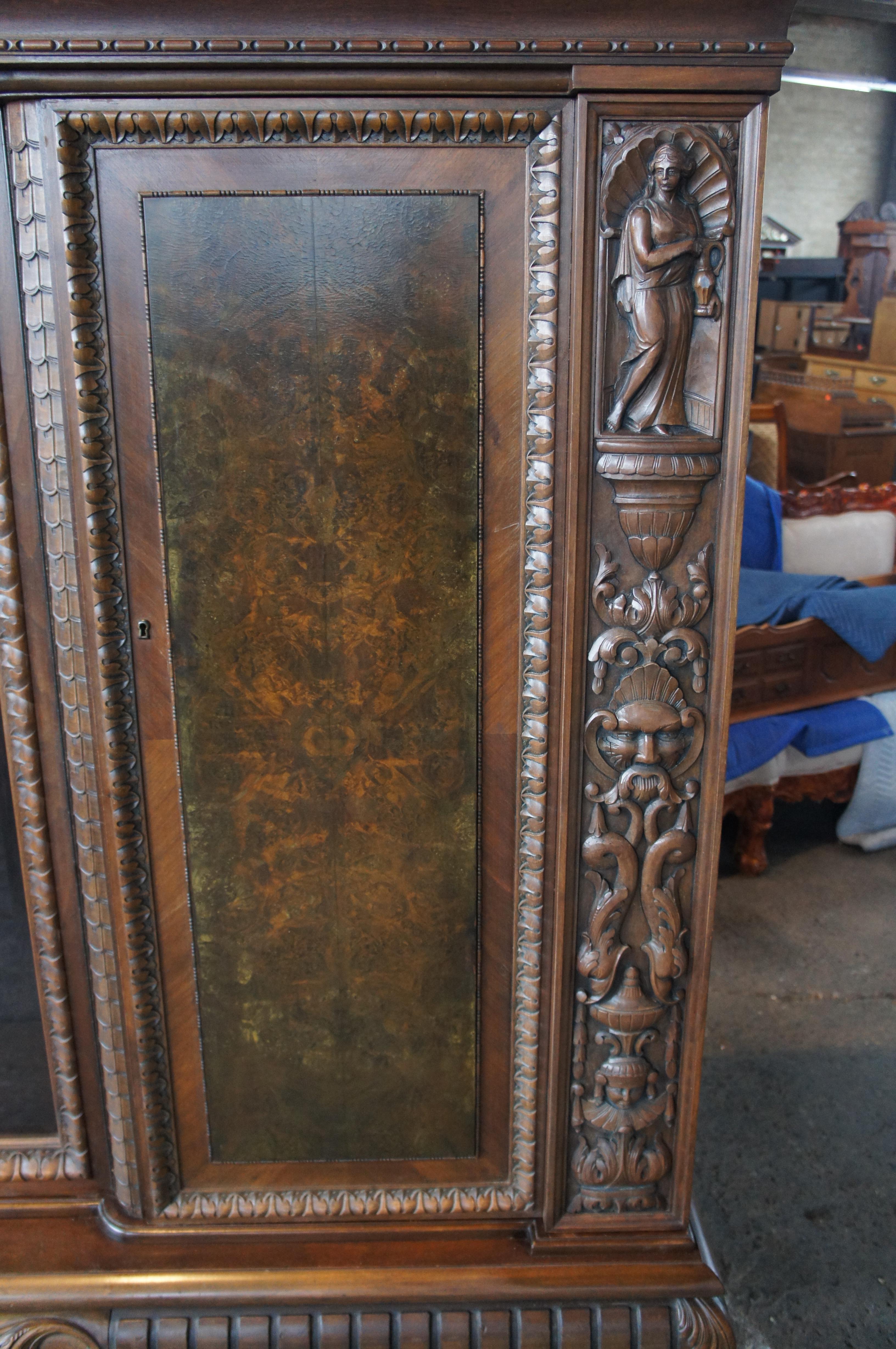 Massive Antique Renaissance Revival Walnut Carved Knockdown Bookcase Armoire For Sale 7