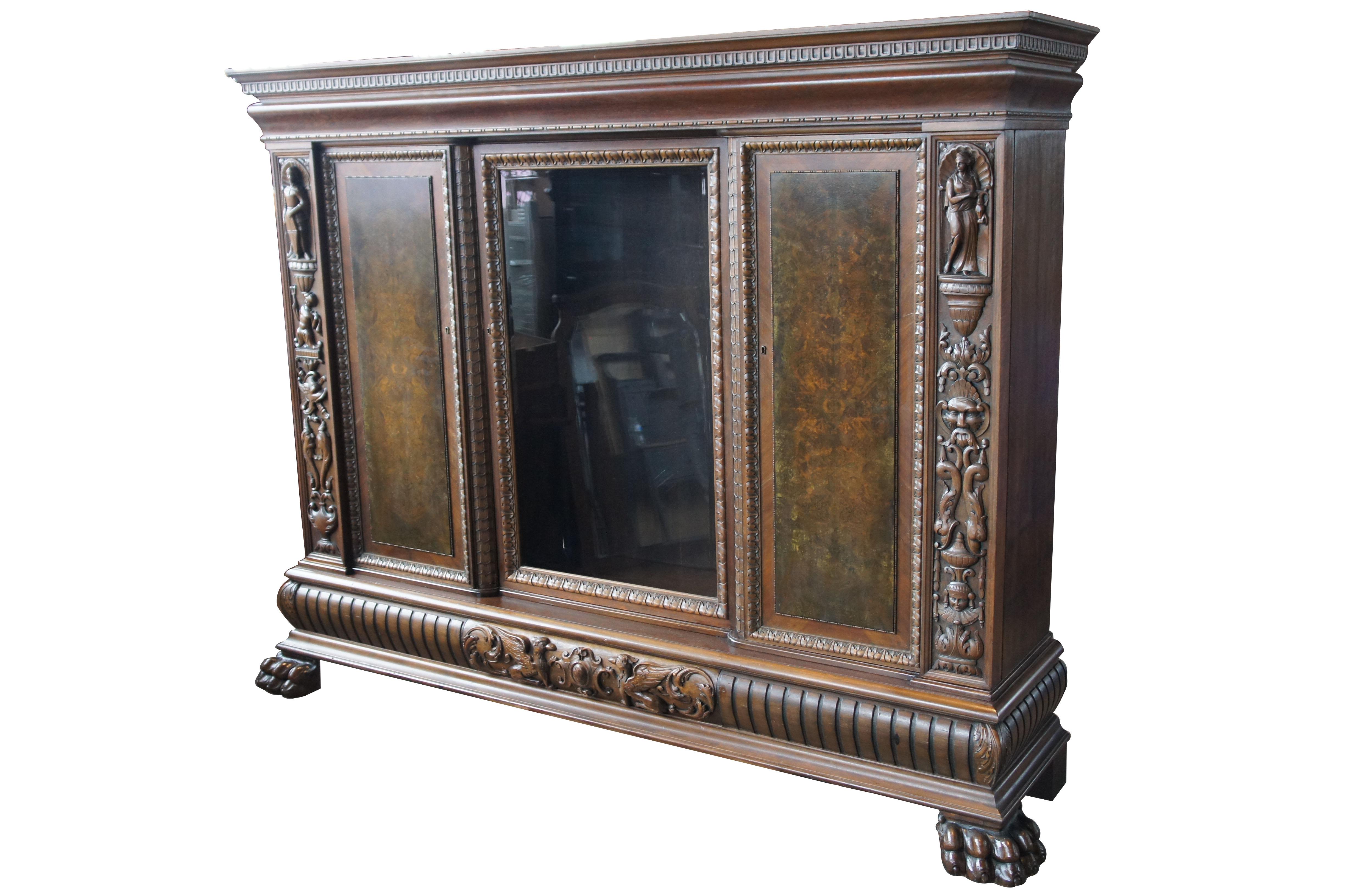 Victorian Massive Antique Renaissance Revival Walnut Carved Knockdown Bookcase Armoire For Sale