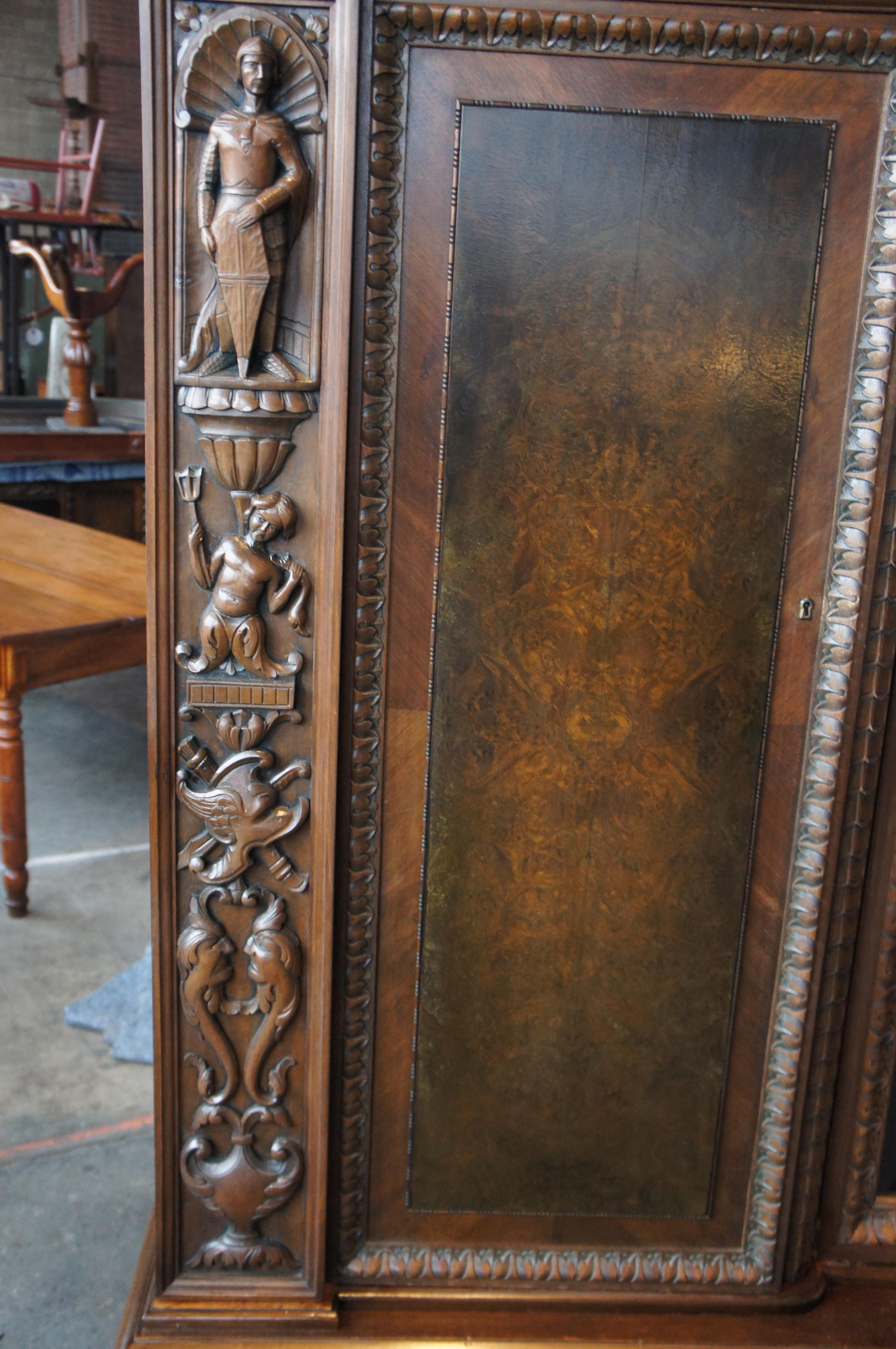Massive Antique Renaissance Revival Walnut Carved Knockdown Bookcase Armoire For Sale 2