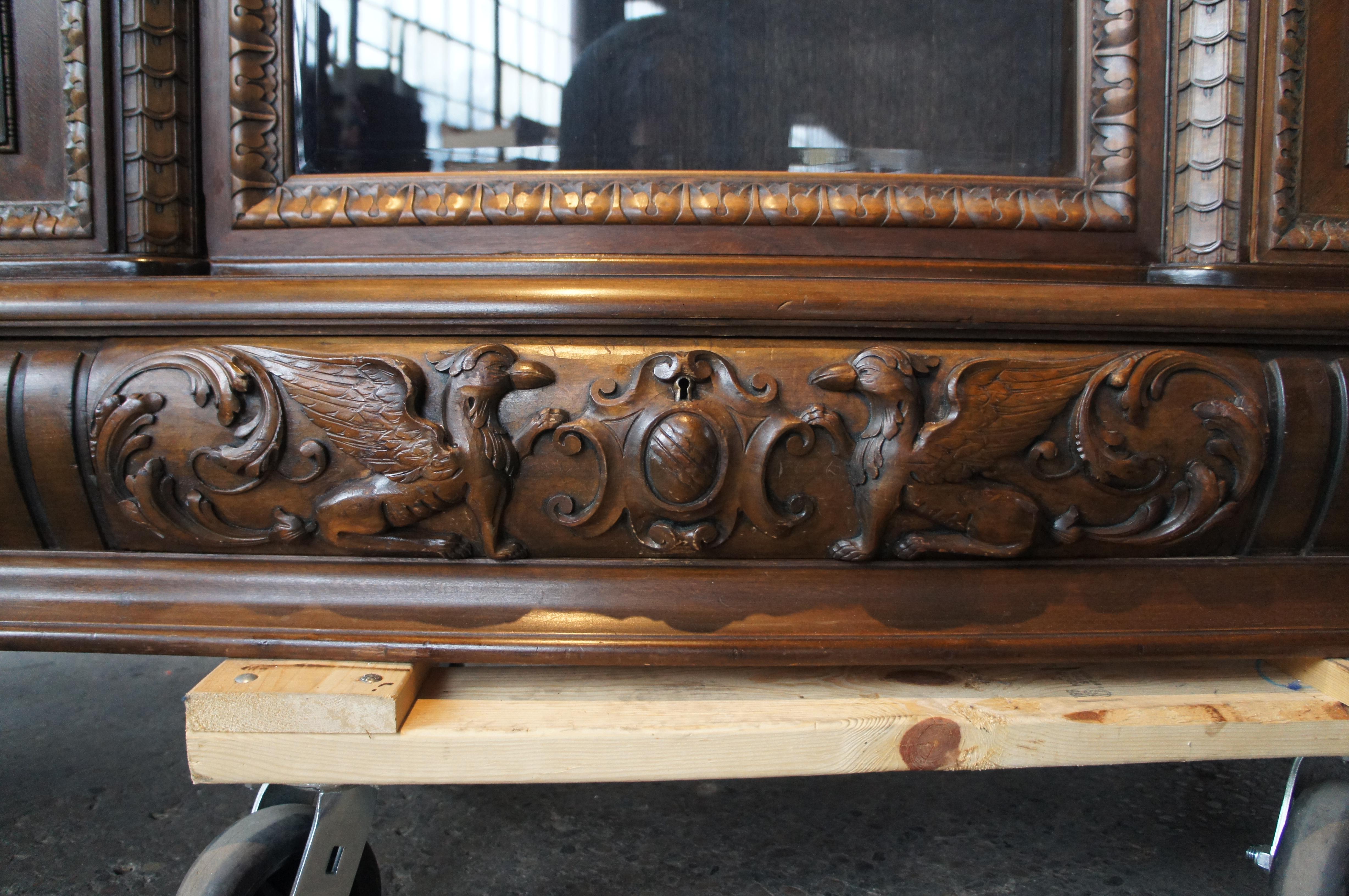 Massive Antique Renaissance Revival Walnut Carved Knockdown Bookcase Armoire For Sale 4